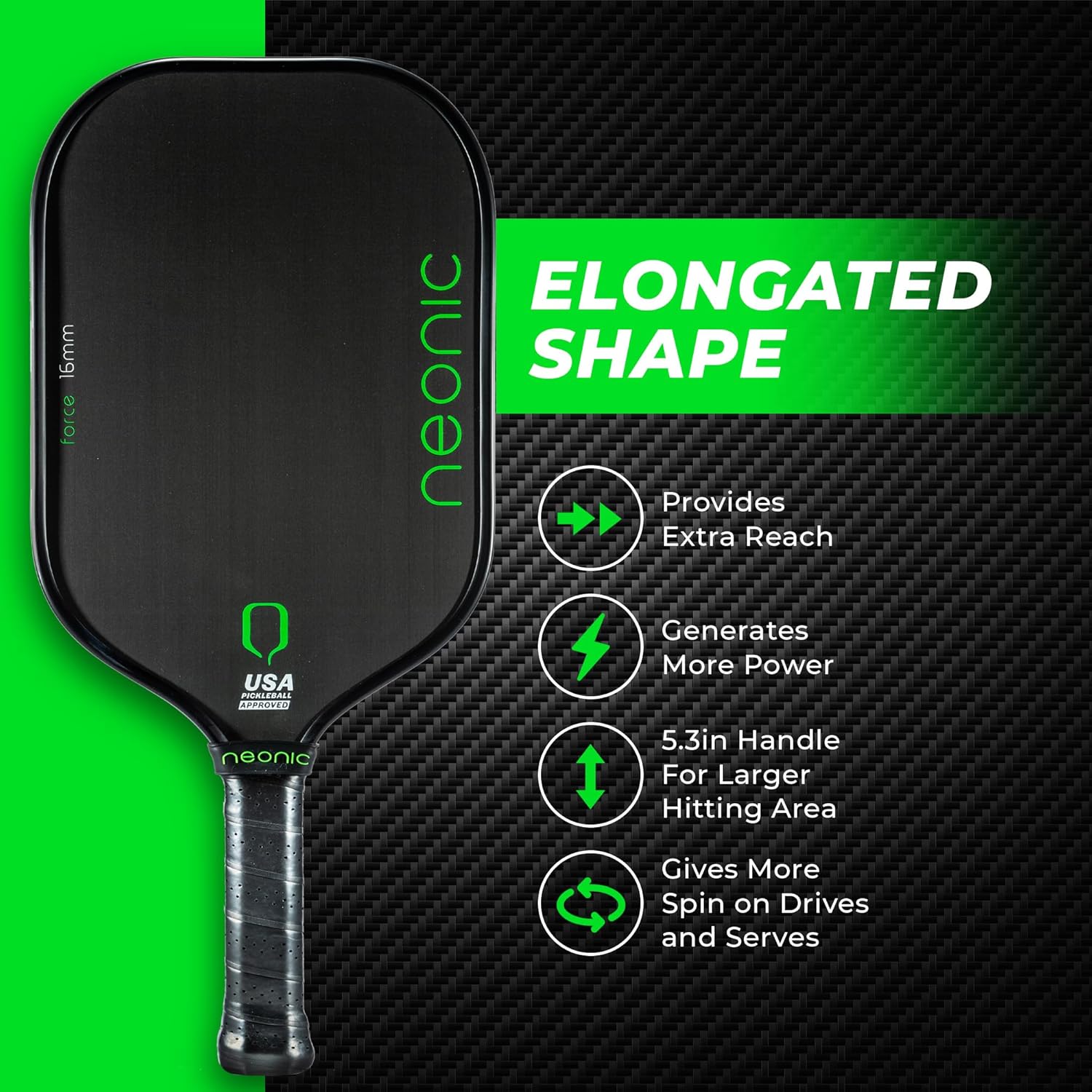 Force – Paleta de pickleball de fibra de carbono de 0.630 in, paleta profesional alargada termoformada con inyección de espuma Unibody
