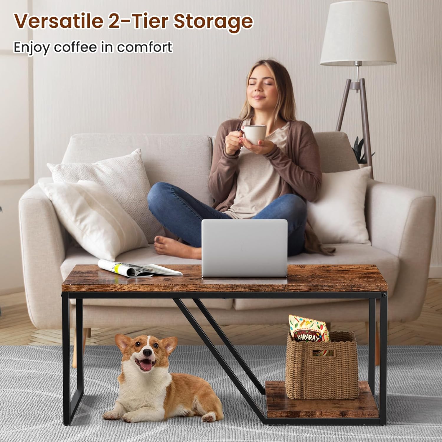 Mesa de centro rústica rectangular industrial de 2 niveles para sala de estar, espacios pequeños, mesa central de sala de estar con estante de