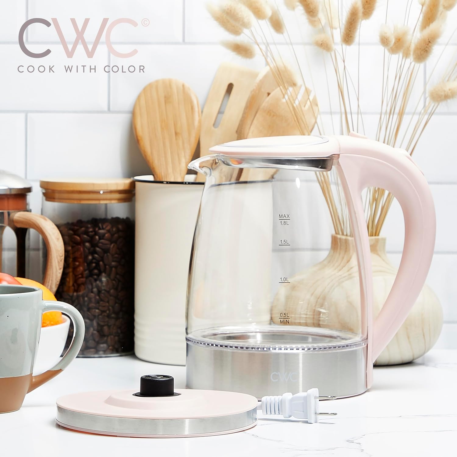 COOK WITH COLOR Hervidor eléctrico de vidrio 1.8L – Hervidor rápido, diseño elegante y características de seguridad – Ideal para rápido y fácil,