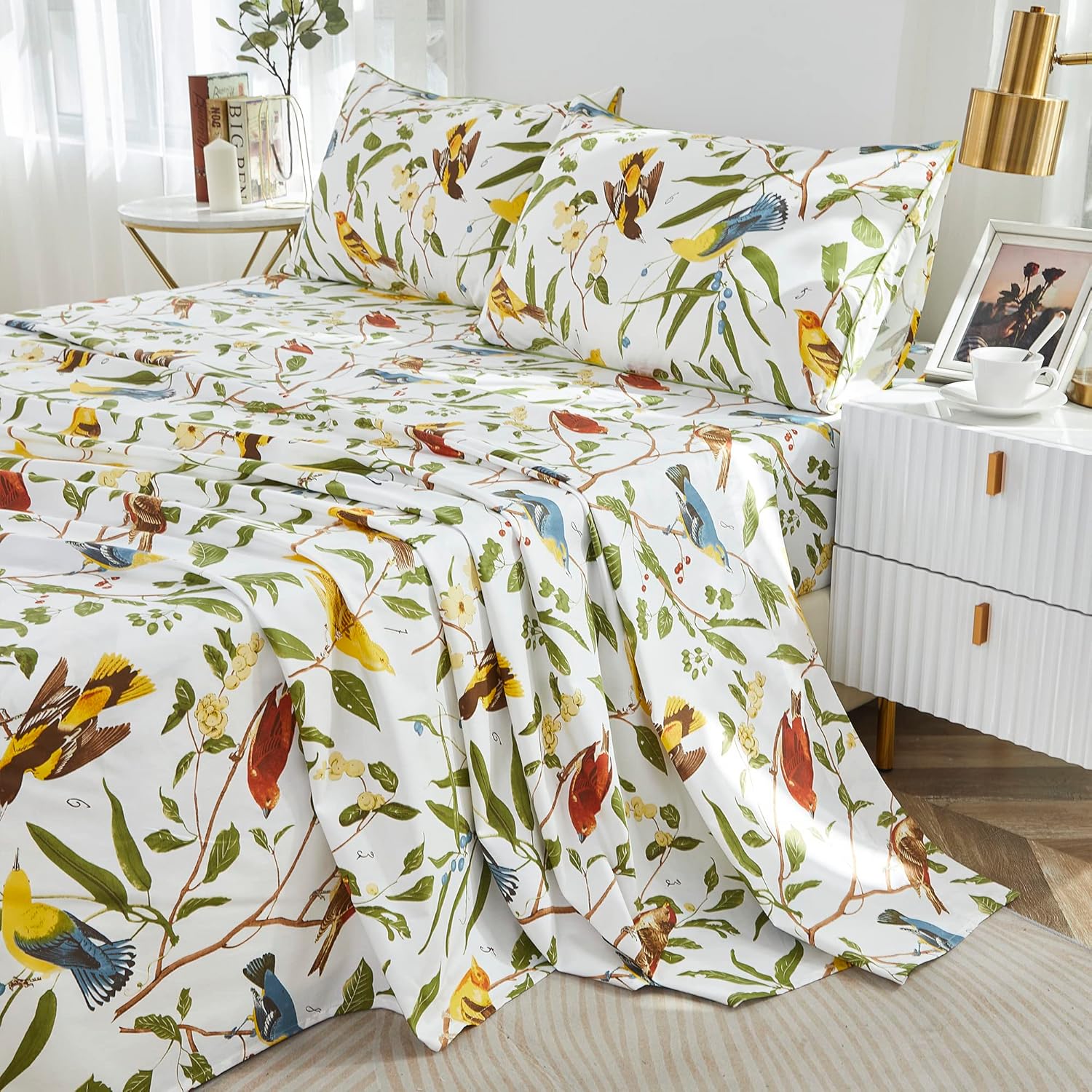 Brandream Juego de sábanas de lujo con diseño de pájaros florales orientales, 800 hilos, 100% algodón egipcio, bolsillo profundo, color blanco,