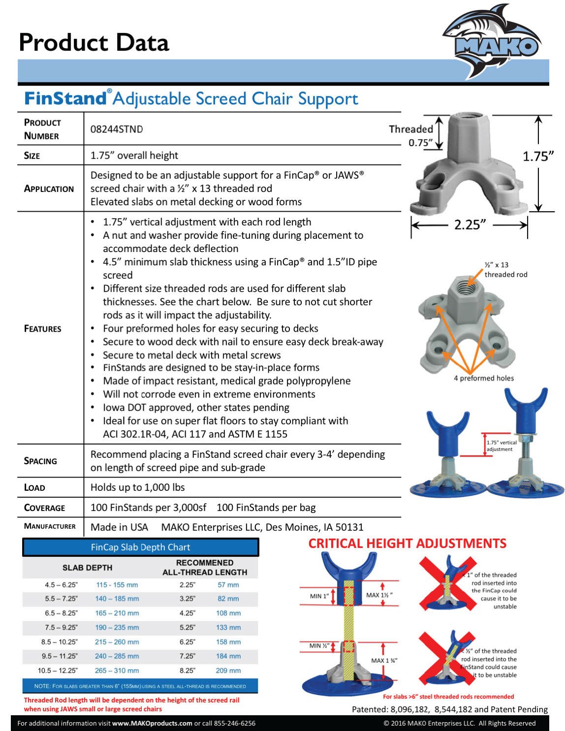MAKO FinStand – Soporte de soporte para regla de hormigón, 100 soportes por bolsa. Ajuste vertical de 1-34 pulgadas para cubiertas y puentes