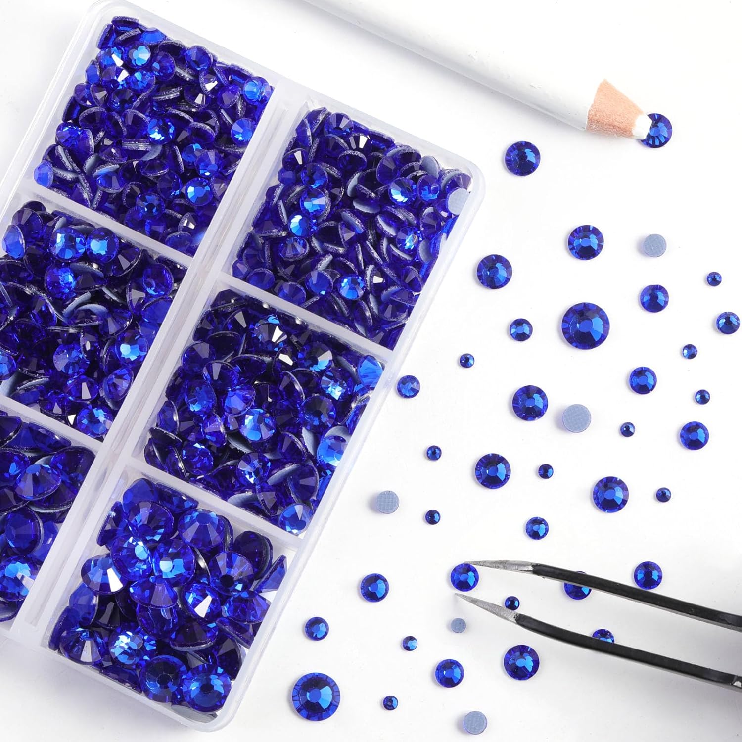 BEADSLAND Hotfix – 6080 diamantes de imitación azul oscuro para ropa y manualidades, mezclados en 6 tamaños con kit de lápiz de cera y pinzas,