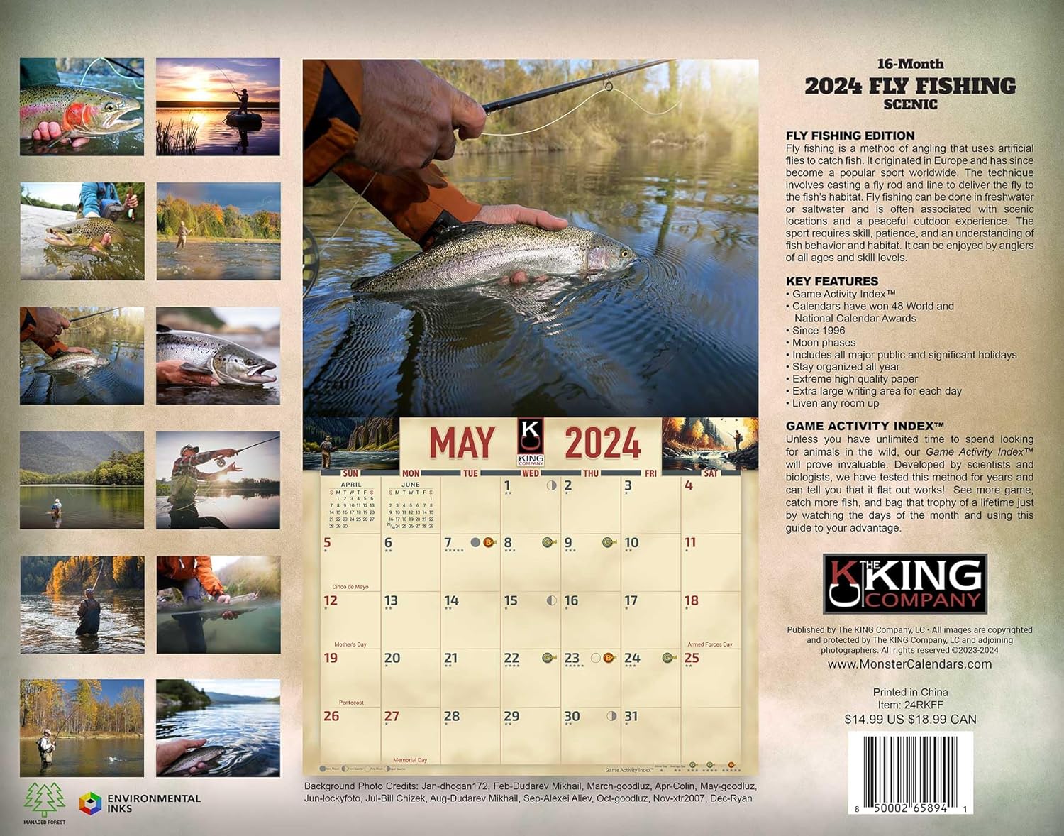 Calendario de pared de pesca con mosca 2024, 16 meses, tamaño XL, 14 x 22 pulgadas, el mejor calendario de pesca por The KING Company-Monster