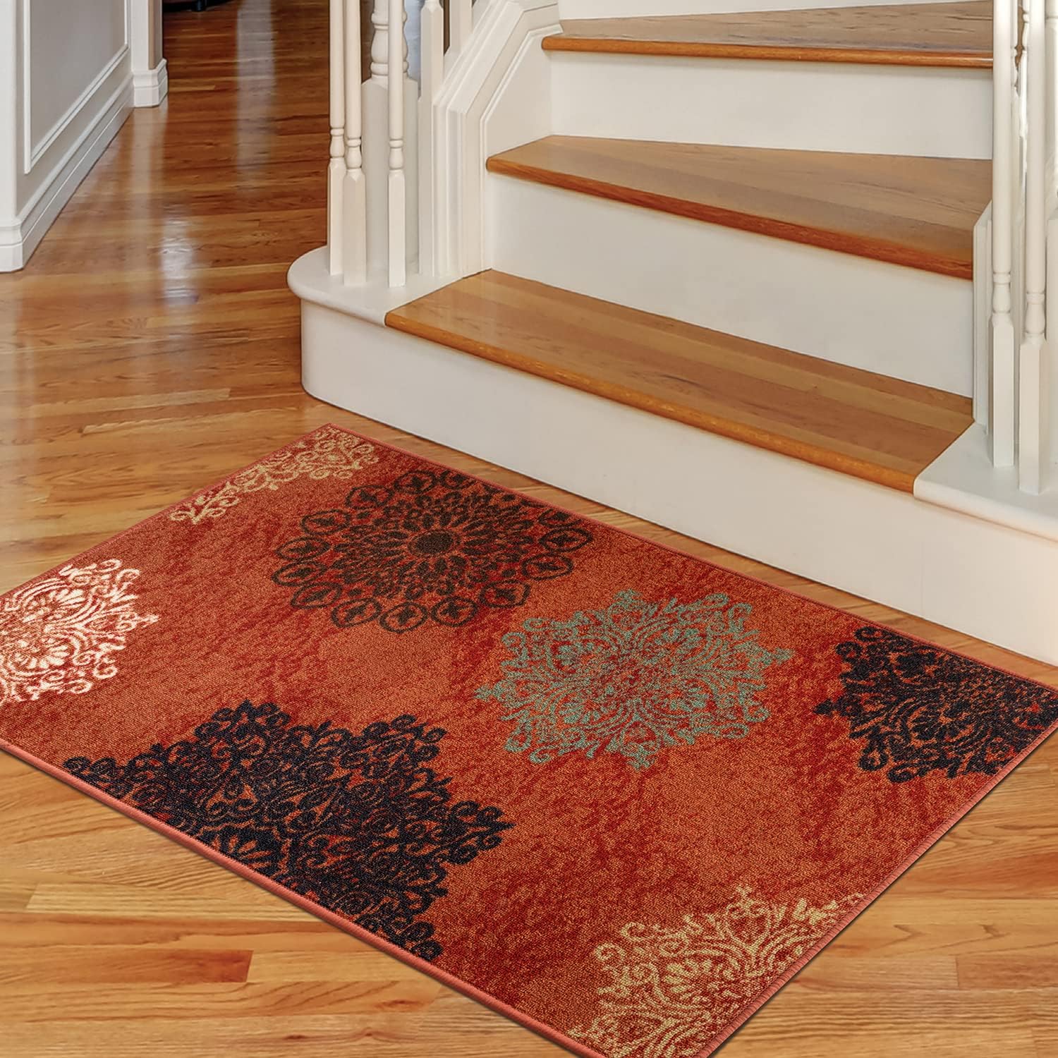 Antep Rugs Alfombras modernas florales 2 x 4 antideslizantes (antideslizante) de perfil bajo con respaldo de goma para cocina (marrón óxido, 2 pies