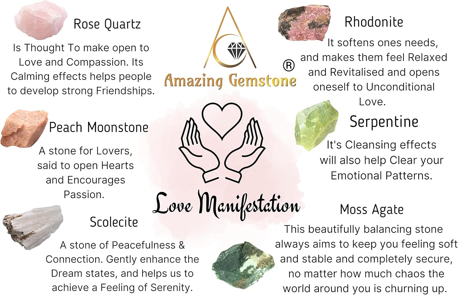 Cristales para manifestación de amor, juego de 6 cristales curativos de cuarzo rosa, rodonita, piedra lunar melocotón, serpentina, escolecita y