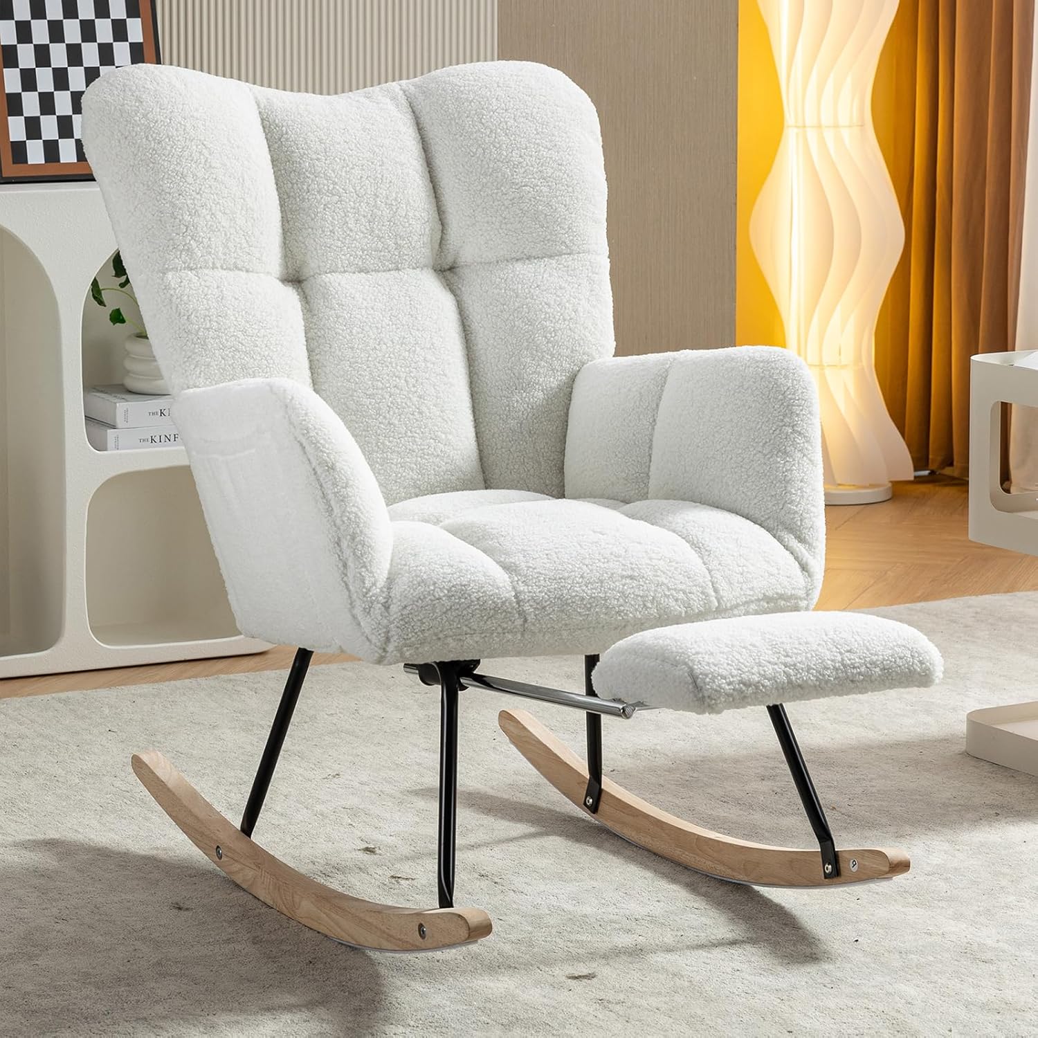 NIOIIKIT Silla mecedora para guardería, silla deslizadora tapizada de peluche con reposapiés ajustable, silla reclinable acolchada con respaldo