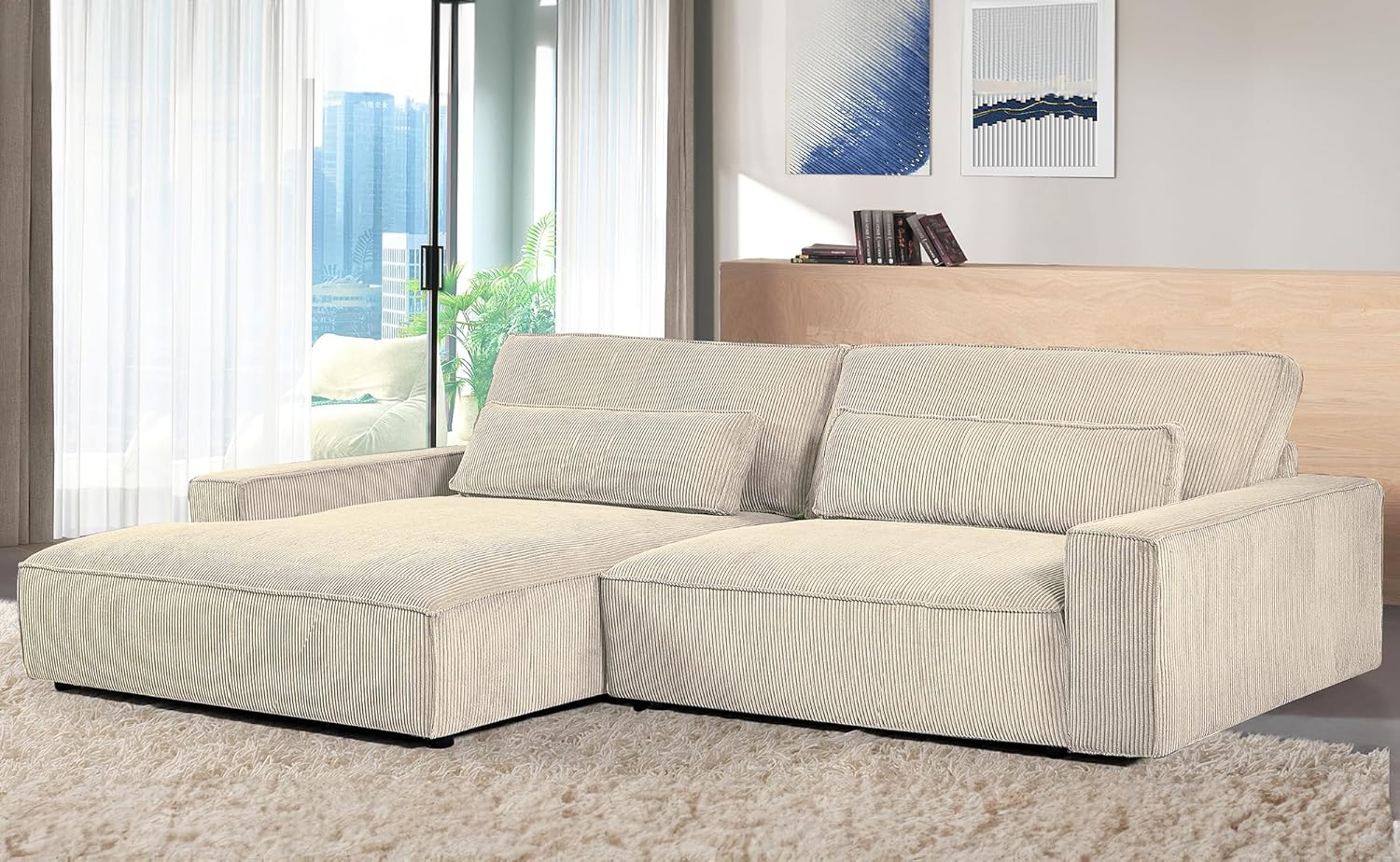 Luxe – Sofá modular de dos piezas de gran tamaño para sala de estar, sofá en forma de L con diván, tapizado con tela de pana, color beige, orientado