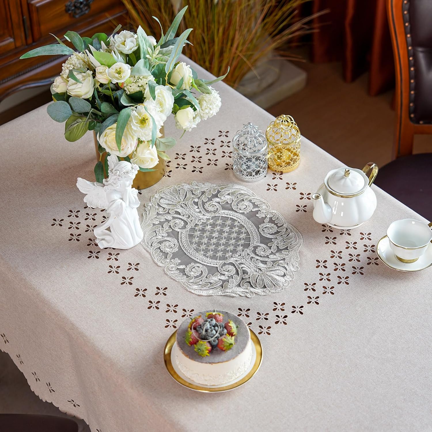 ARTABLE Manteles rectangulares de encaje para decoración de otoño con flores antiguas, mantel de macramé para exteriores, granja, rústico, cocina,