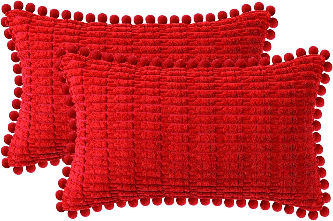 MIULEE Juego de 2 fundas de almohada decorativas de pana roja, con pompones, suaves, bohemias, a rayas, modernas, para decoración del hogar, para