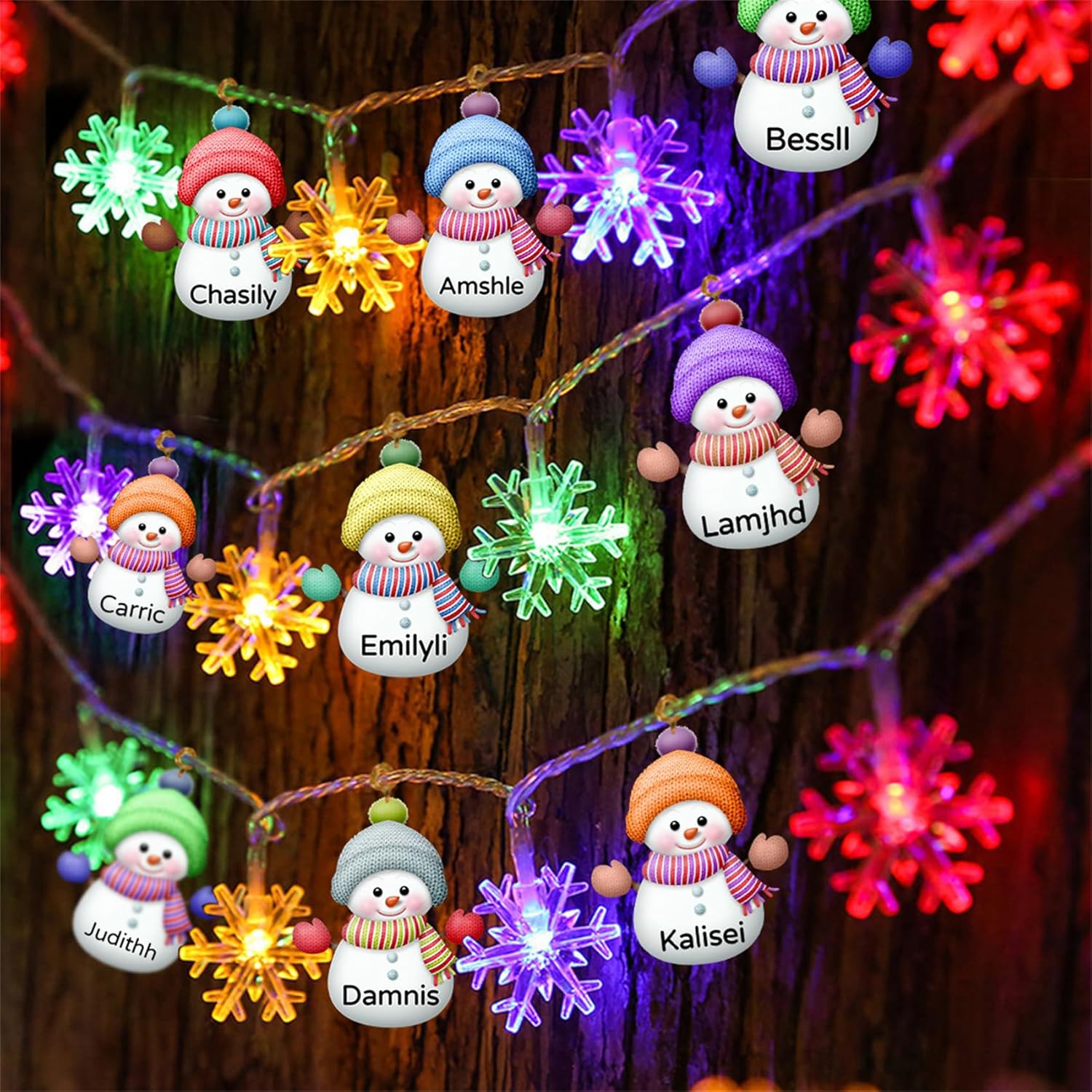 Guirnalda de luces de Navidad personalizadas con nombre, muñeco de nieve personalizado, guirnalda de luces familiares de muñeco de nieve colorido,