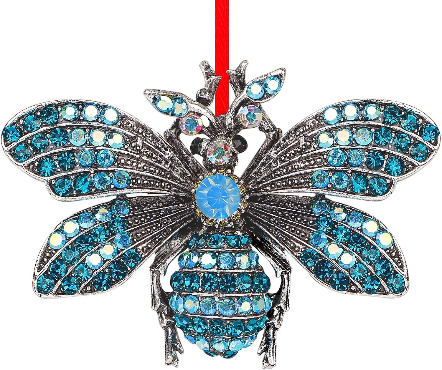 WaaHome Adornos de Navidad de abeja azul, decoración de abeja iridiscente, adornos de recuerdo de abeja de metal para decoraciones de árbol de