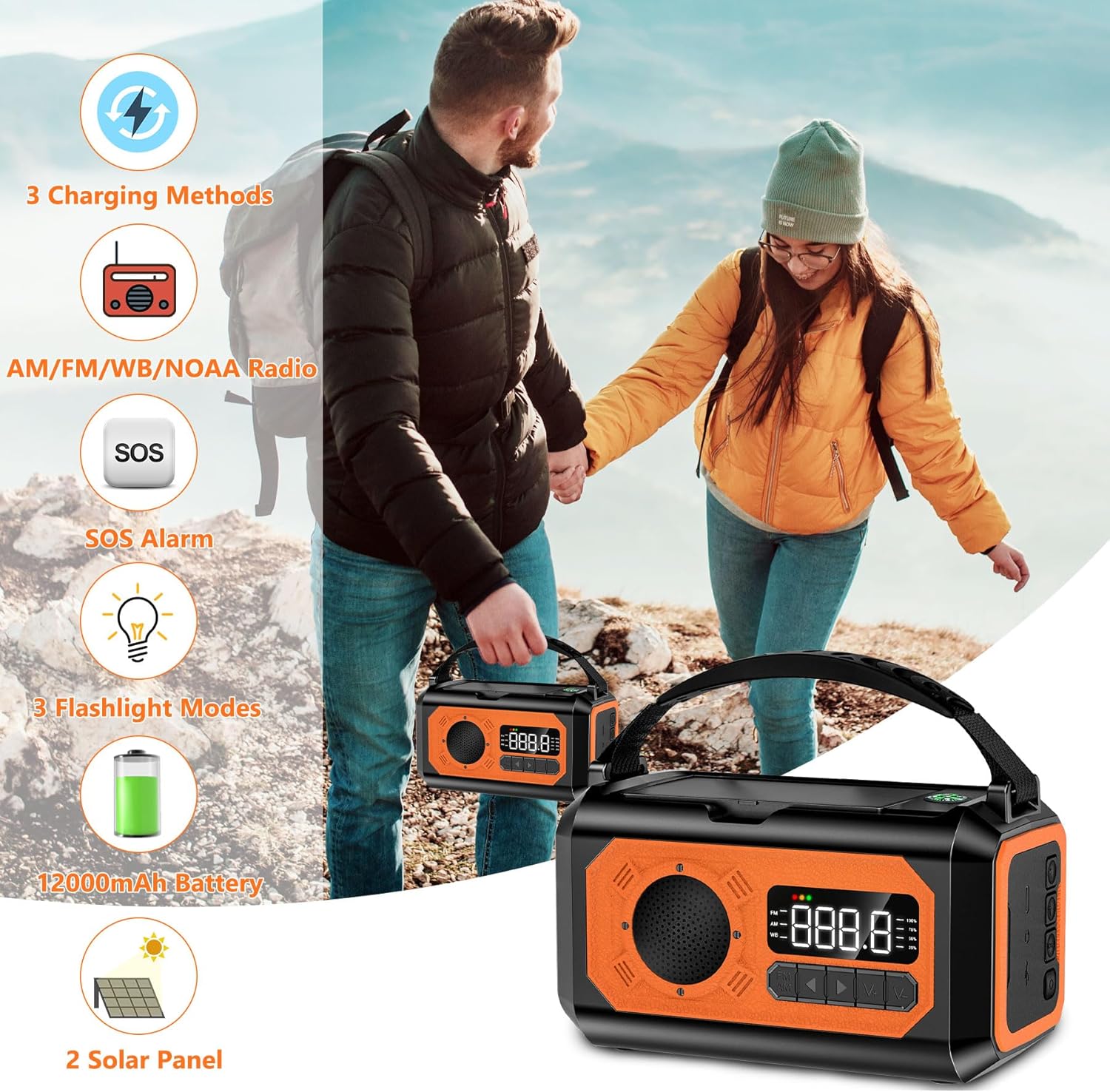 Radio de emergencia con manivela de 12000 mAh, radio meteorológica AMFMNOAA, radio de emergencia, radio solar multifuncional, 2 paneles solares,