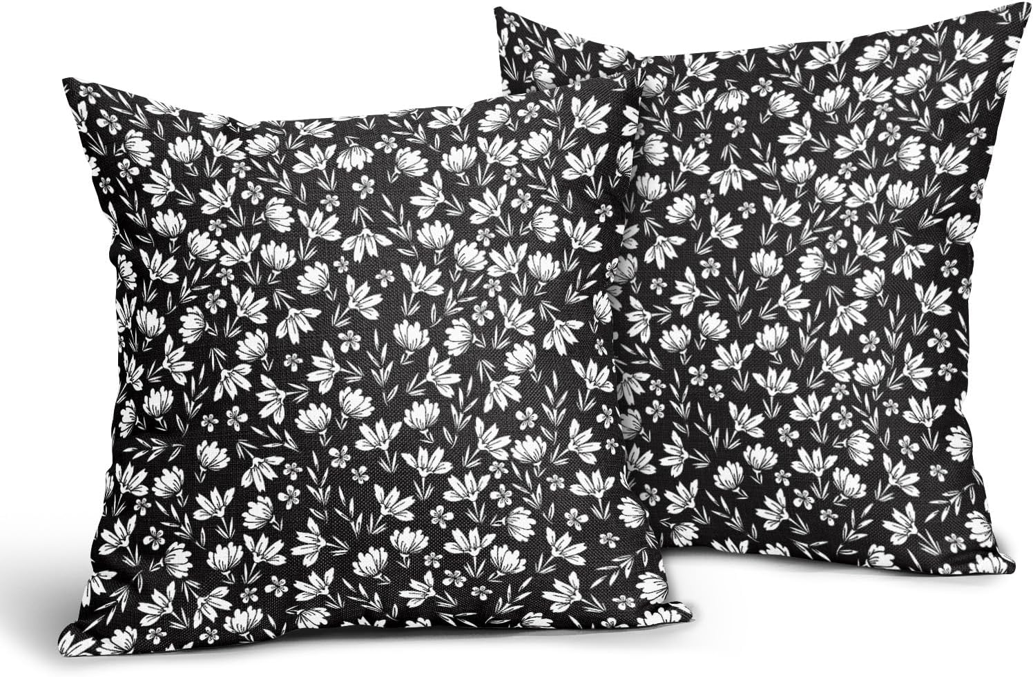 Juego de 2 fundas de almohada florales en blanco y negro de 20 x 20 pulgadas con estampado de bloques de flores vintage, margaritas de algodón y