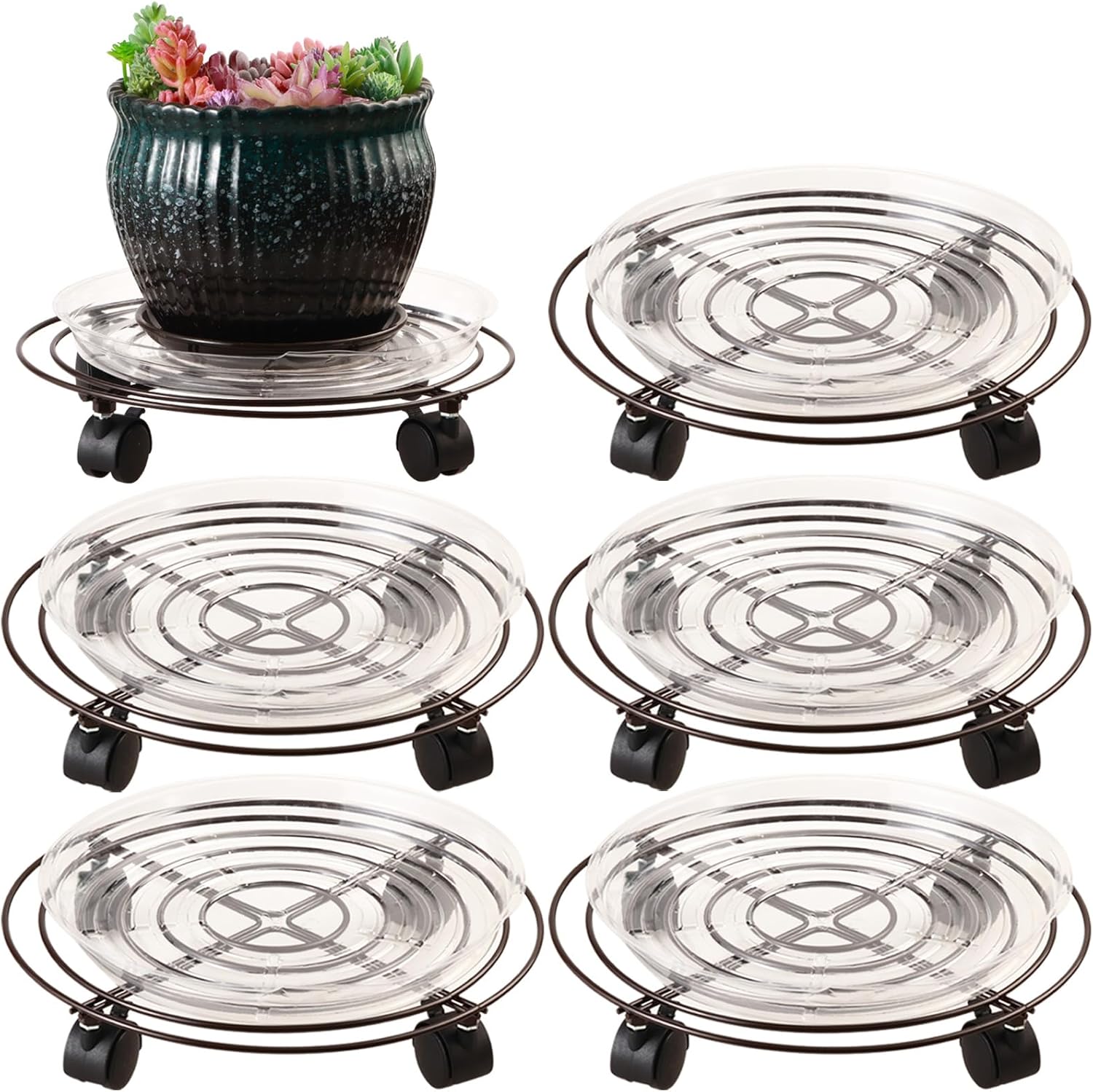 Paquete de 5 soportes grandes de metal para plantas de 13.8 pulgadas con ruedas de hierro forjado de alta resistencia con ruedas para interiores y