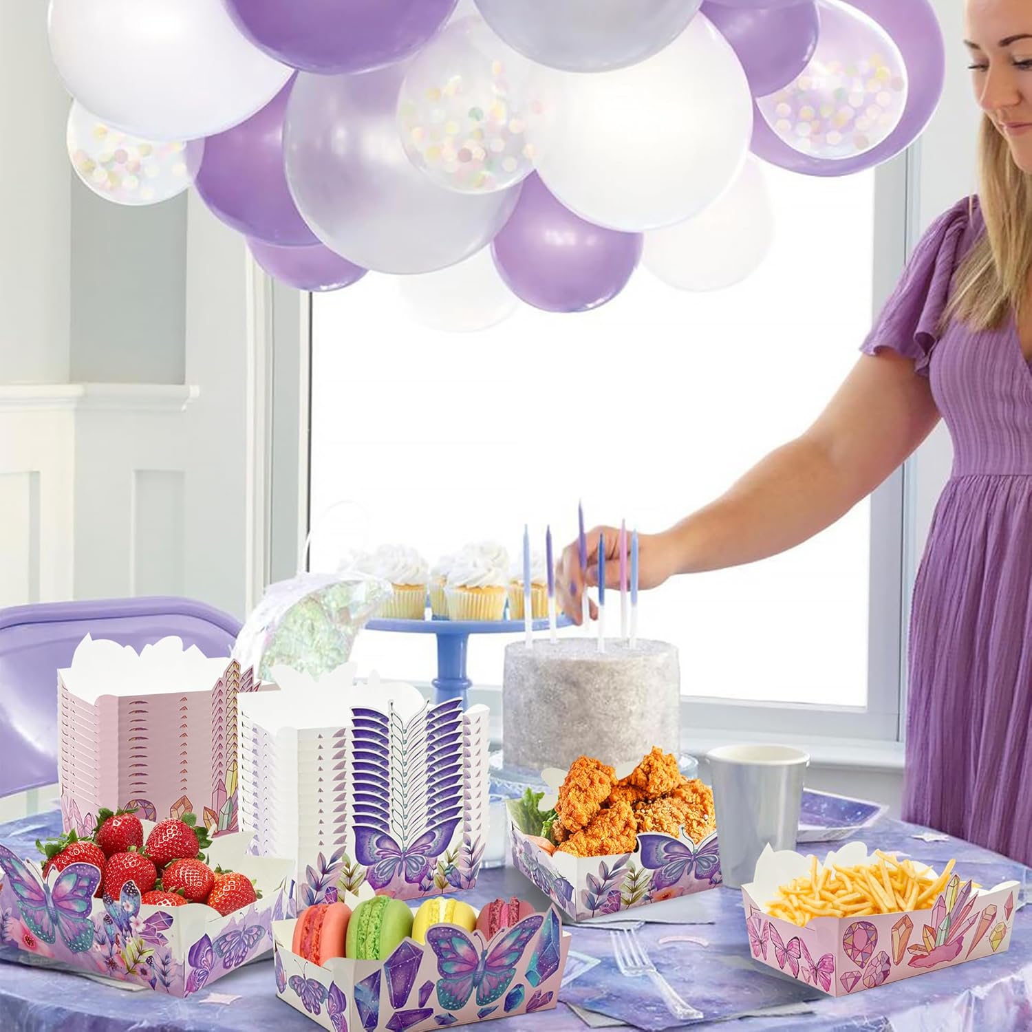 Suministros de fiesta de cumpleaños de mariposa, paquete de 24 bandejas desechables de mariposa para alimentos, cuenco de papel para niñas, baby