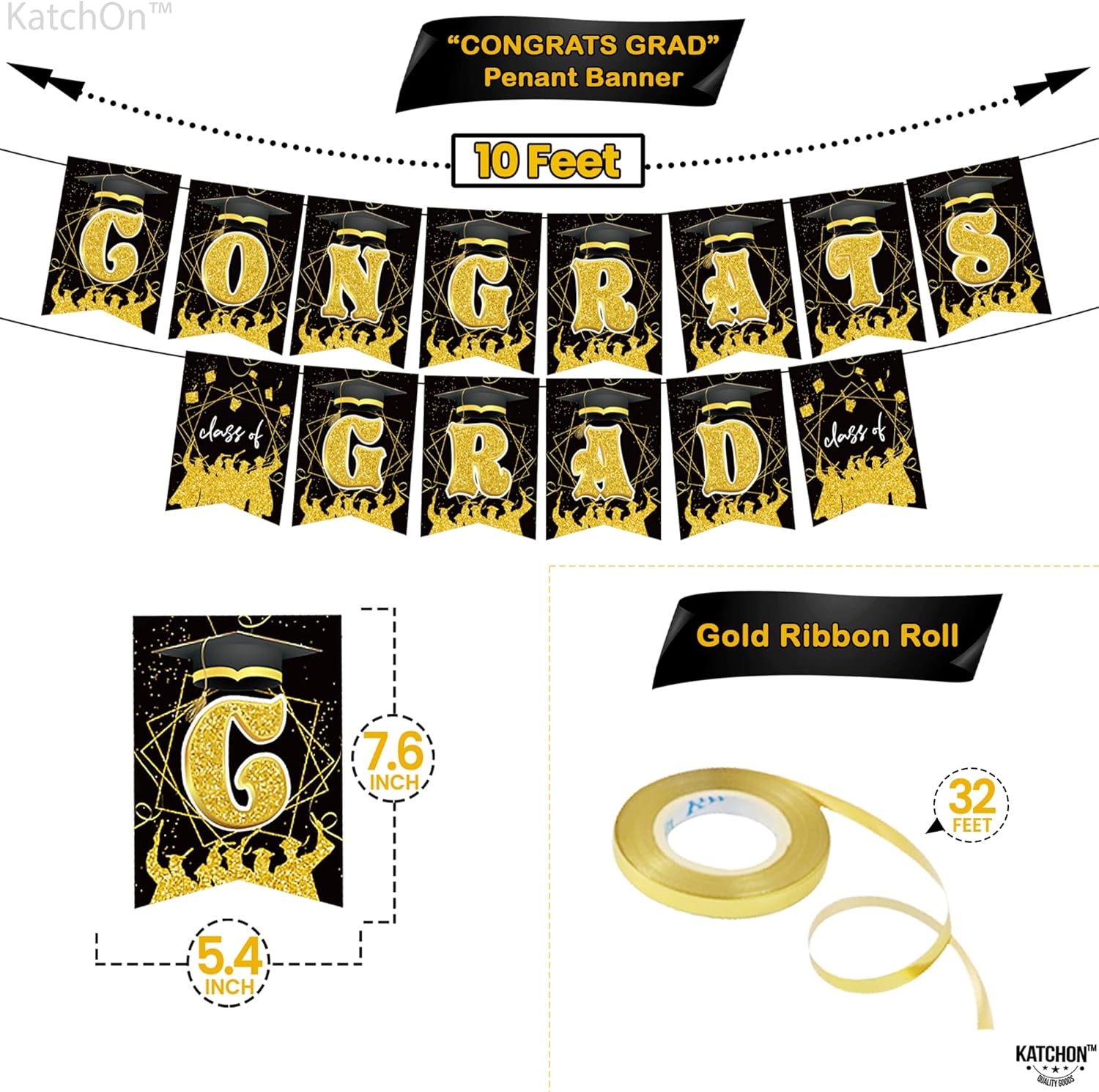KatchOn, Suministros para fiesta de graduación en negro y dorado, paquete de 37, juego de felicitaciones para decoraciones de graduación negras y