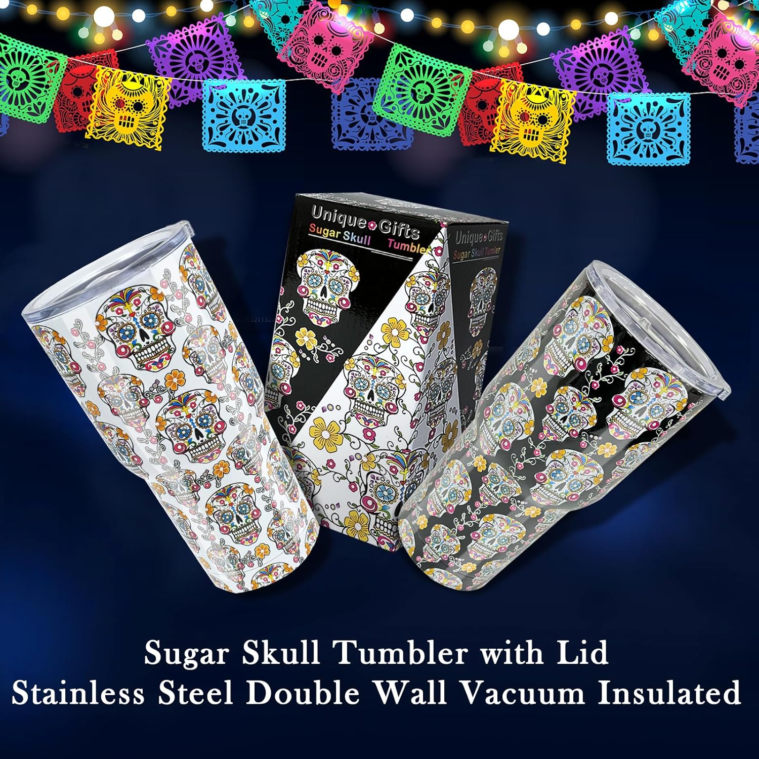 Tumbler with Lid, Double Wall Vacuum Insulated Reusable Coffee Travel Mug Keeps Drinks HotCold, Skull Tumblers Cup for Sport Camping Driving Unique