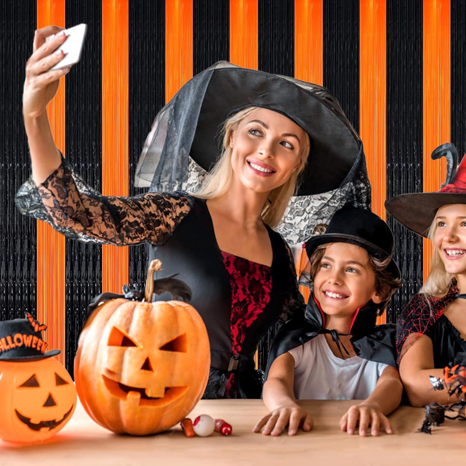 Telón de fondo de serpentina de Halloween, cortinas de flecos de oropel de Halloween naranja y negro, serpentina de Halloween para fiestas,