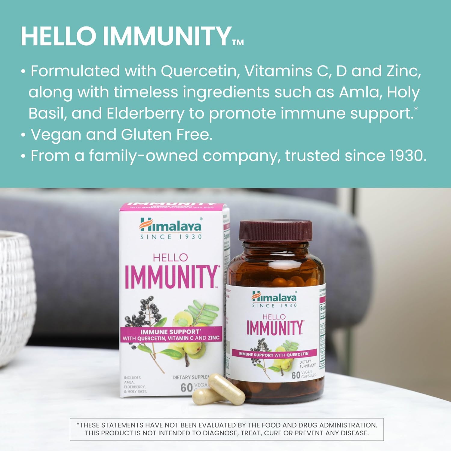 Himalaya Hola inmunidad con quercetina, vitamina C, vitamina D, zinc, amla, saúco y albahaca sagrada para apoyo inmunológico diario, vegano, sin