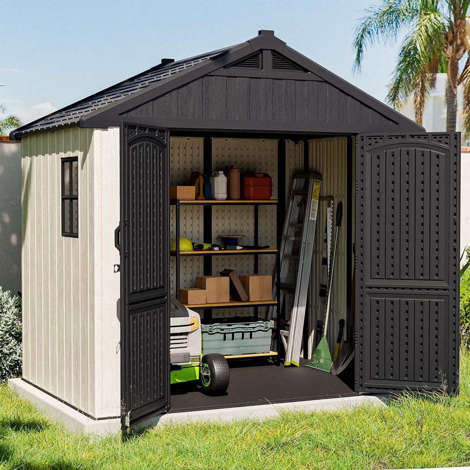Patiowell Cobertizo de almacenamiento de plástico para exteriores de 8 x 6 pies con piso, cobertizo de resina con ventana y puerta con cerradura