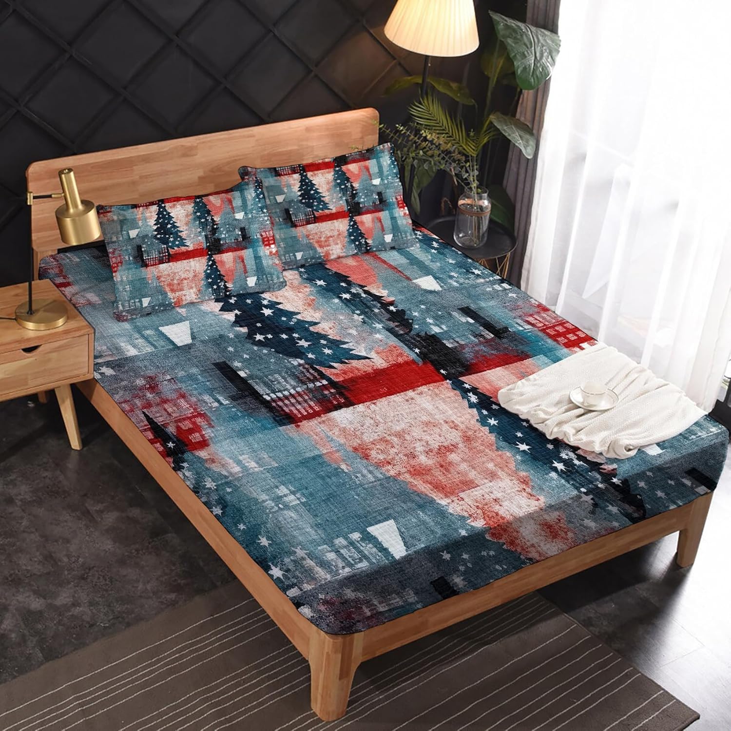 zcsm Sábanas para árbol de Navidad tamaño Queen  Sábanas de cama de Navidad, microfibra suave y bolsillo profundo, sábanas y fundas de almohada con