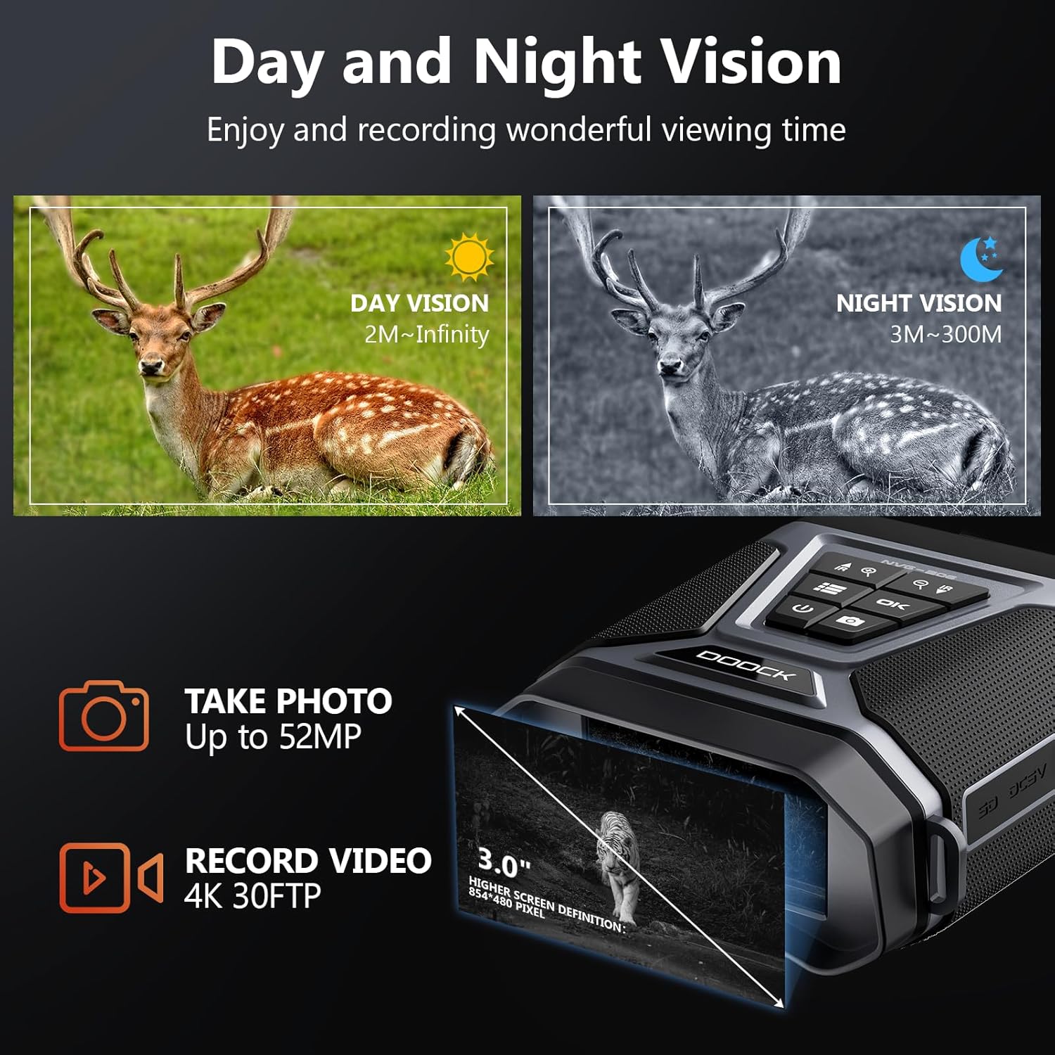 Gafas de visión nocturna  Prismáticos de visión nocturna 4K para adultos, pantalla grande, prismáticos infrarrojos digitales recargables de 3