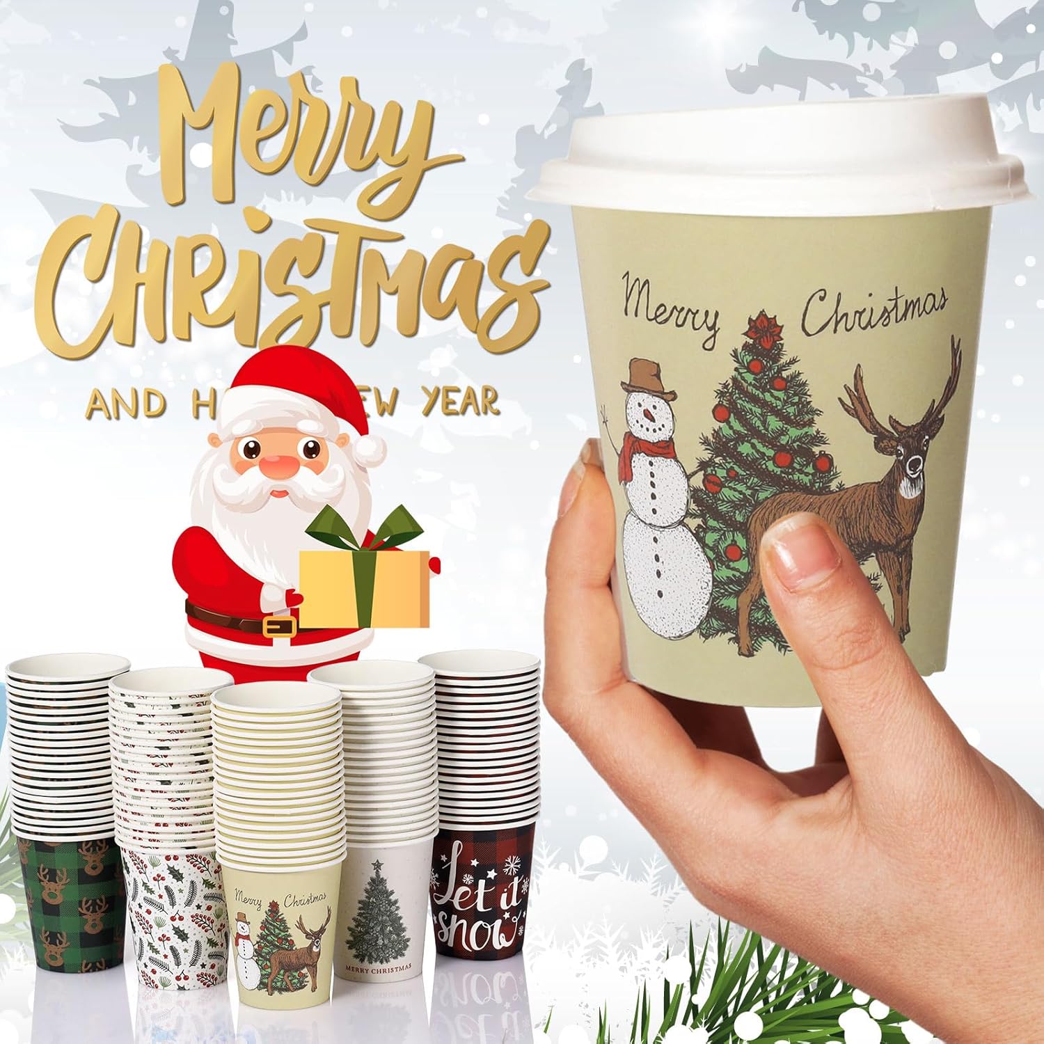 Zhehao 100 vasos de papel de Navidad desechables de 9 onzas, tazas de café de Navidad, tazas de chocolate de chocolate de Navidad, copos de nieve,