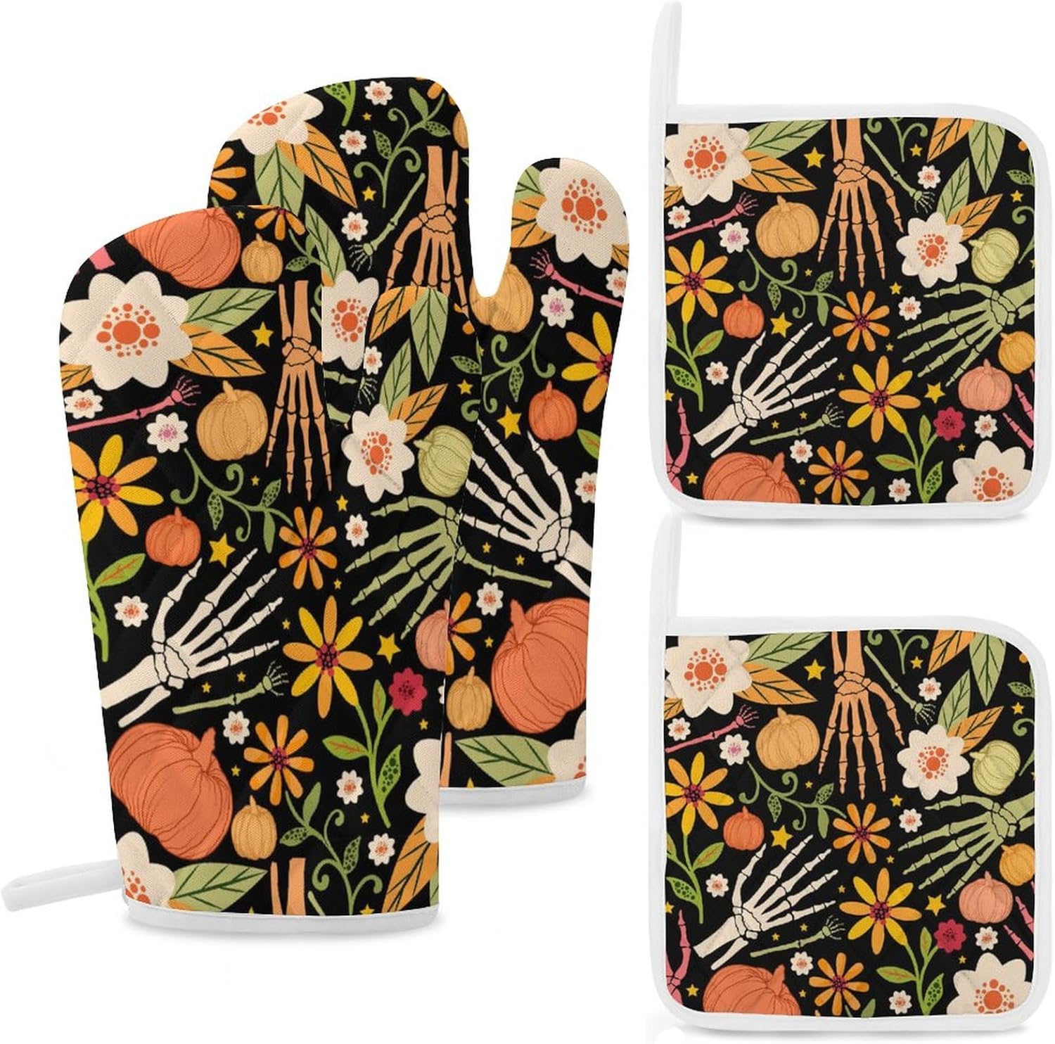 VKPSCHJ Juego de toallas de mano y guantes para horno, toallas colgantes y agarraderas, paquete de 6, toalla absorbente de calavera floral de