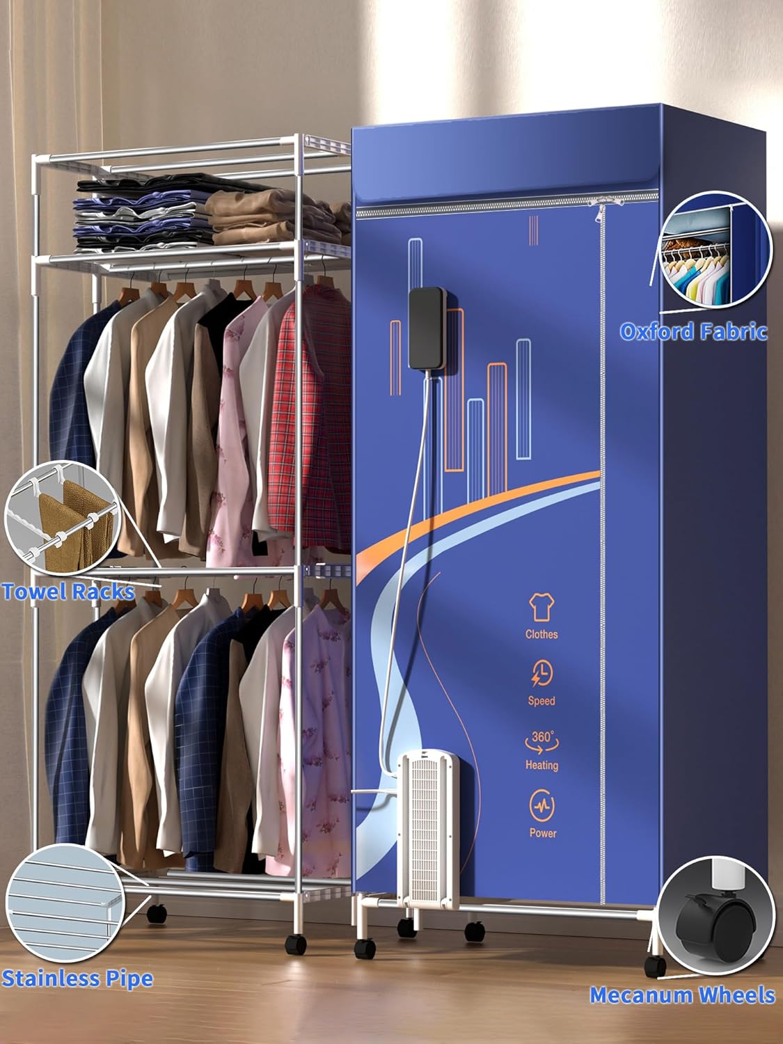 Secadora de ropa, capacidad de 35 libras, secadora portátil de 67 pulgadas (anión), 1600 W-3 niveles plegable, secadora portátil de ahorro de