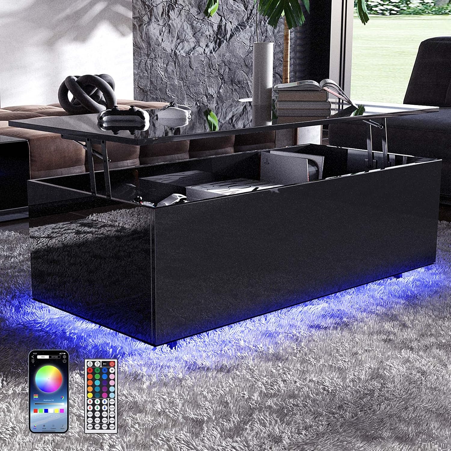 Mesa elevadora de alto brillo con luces LED, mesa auxiliar LED con estante de almacenamiento y compartimento oculto para el hogar, sala de estar,