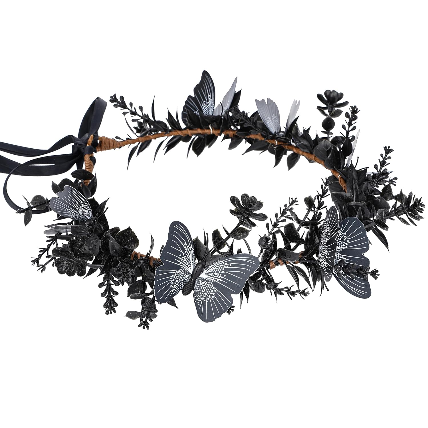MOSTORY Corona de mariposa de flores negras hecha a mano, diadema de elfo gótico, diadema floral de hada, corona oscura para mujeres y niñas,