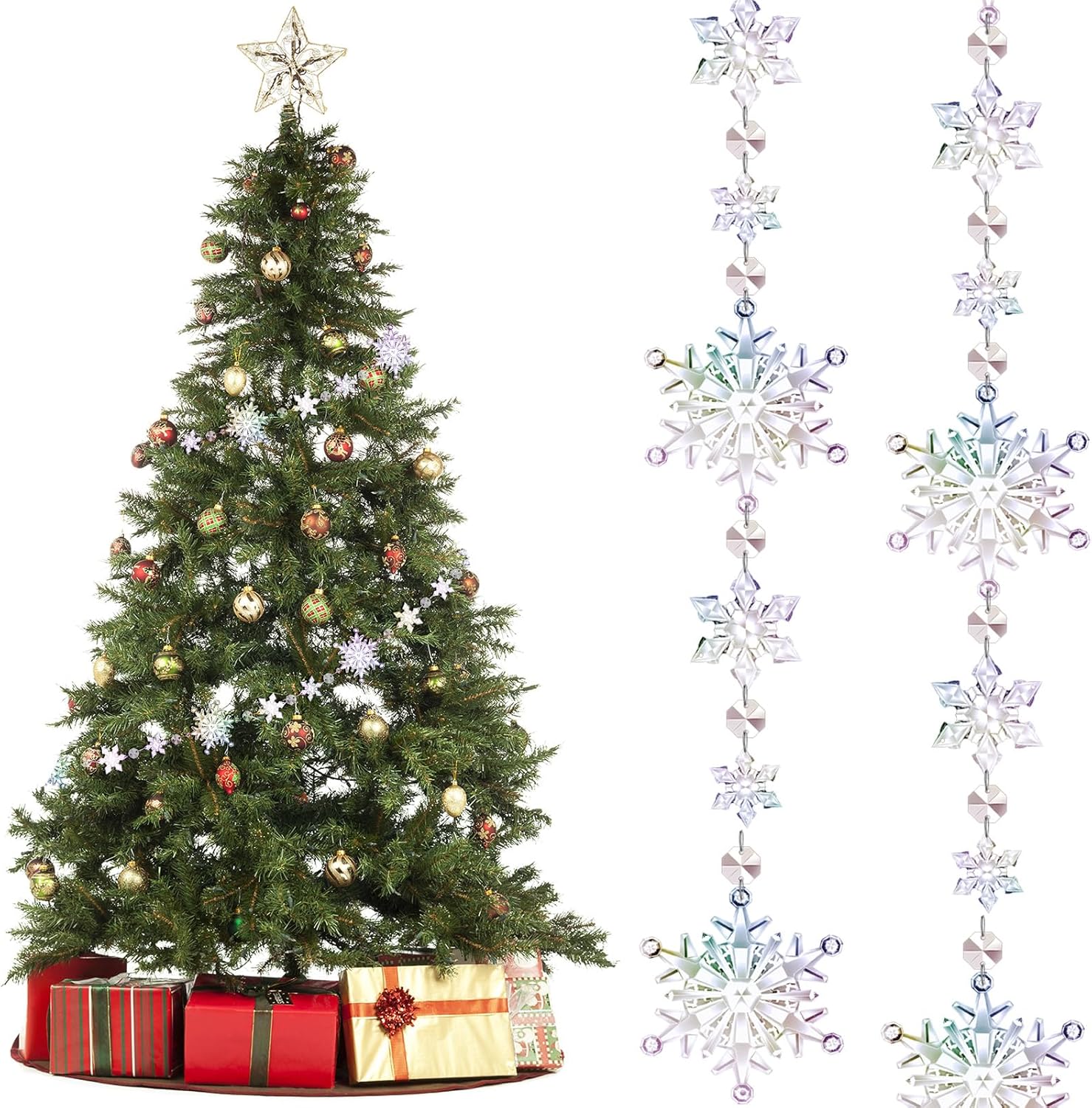 Guirnalda de árbol de copo de nieve de Navidad, guirnalda colgante de copos de nieve de cristal, adornos para árbol de Navidad, adornos temáticos de