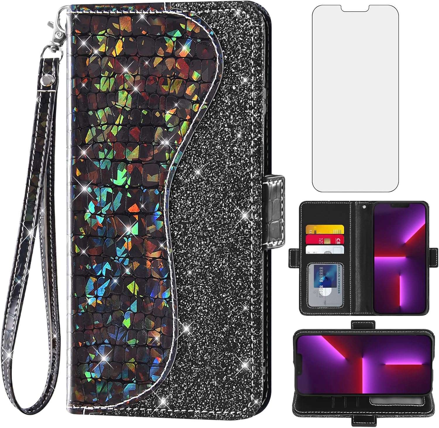 Asuwish Funda de teléfono para iPhone 13 Pro Max 2021 de 6.7 pulgadas, funda tipo cartera con protector de pantalla y tarjetero abatible con