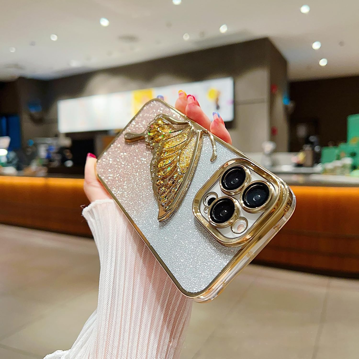 Ownest Funda compatible con iPhone 14 Pro Max con purpurina de lujo, diseño estético chapado en mariposa, funda para teléfono para mujeres,
