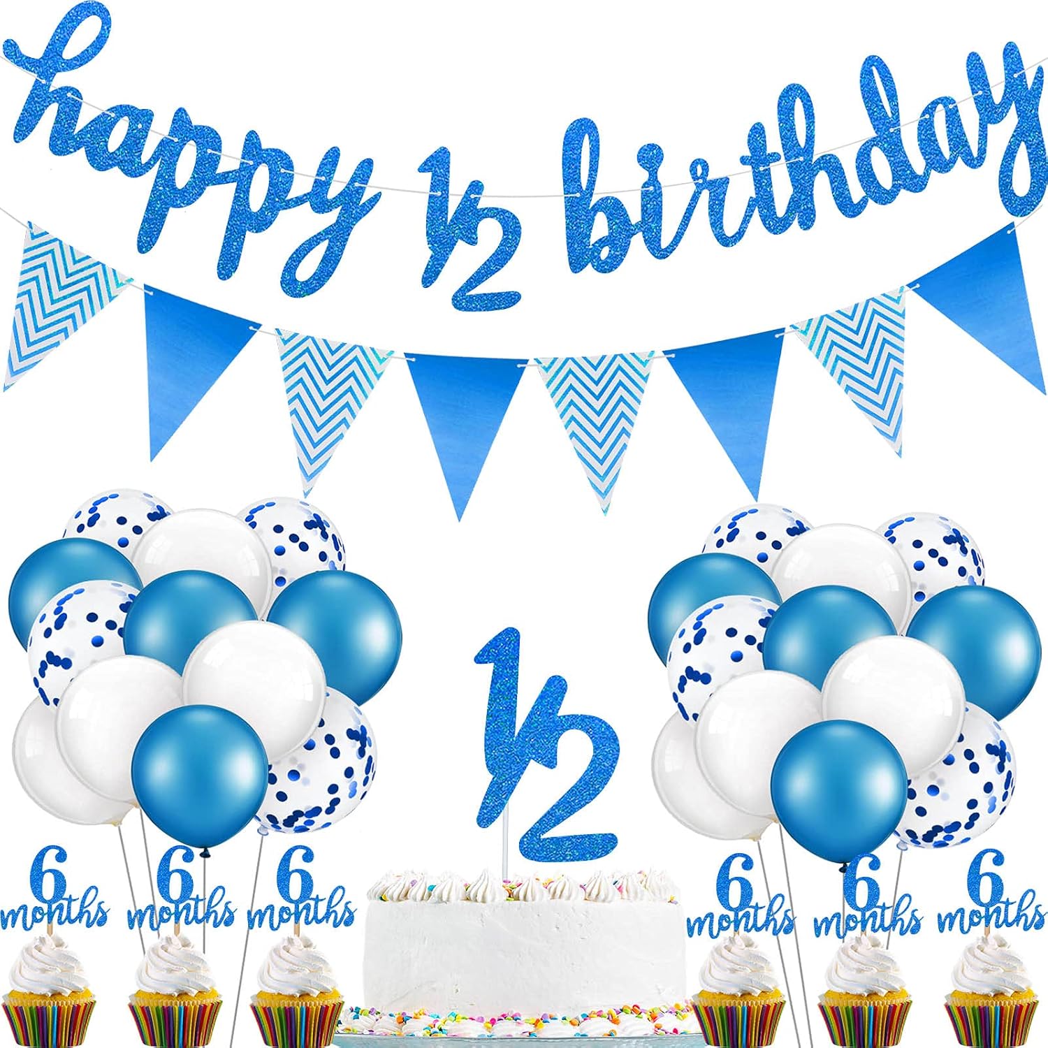Decoraciones de medio cumpleaños de 6 meses, pancarta para cupcakes, decoración de pastel de medio año, bandera triangular, globos de confeti para