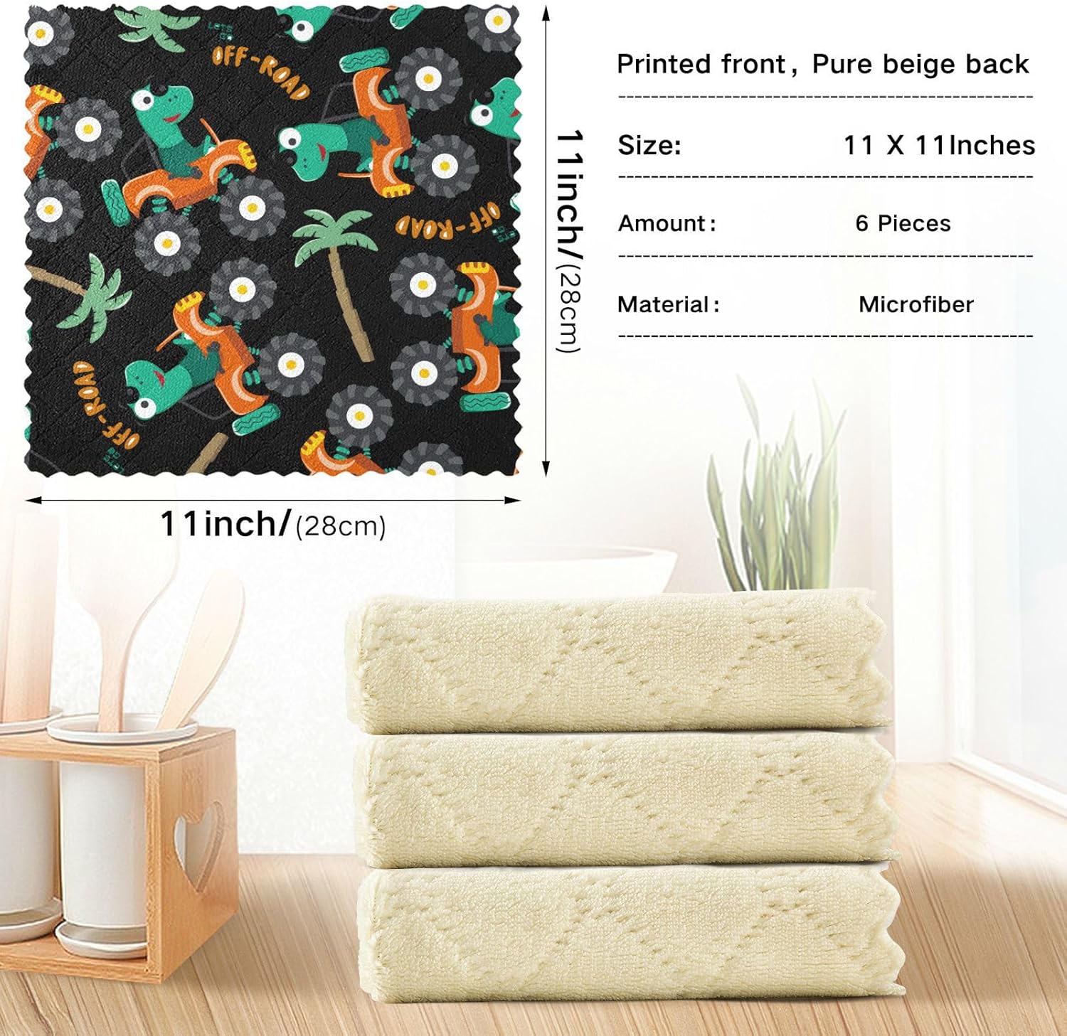 Funny Monster Animal Cars Cotton Print Kitchen Towels and Dishcloths Quick Dry Set of 6 Microfiber Absorbant Towel for Countertop Coffee