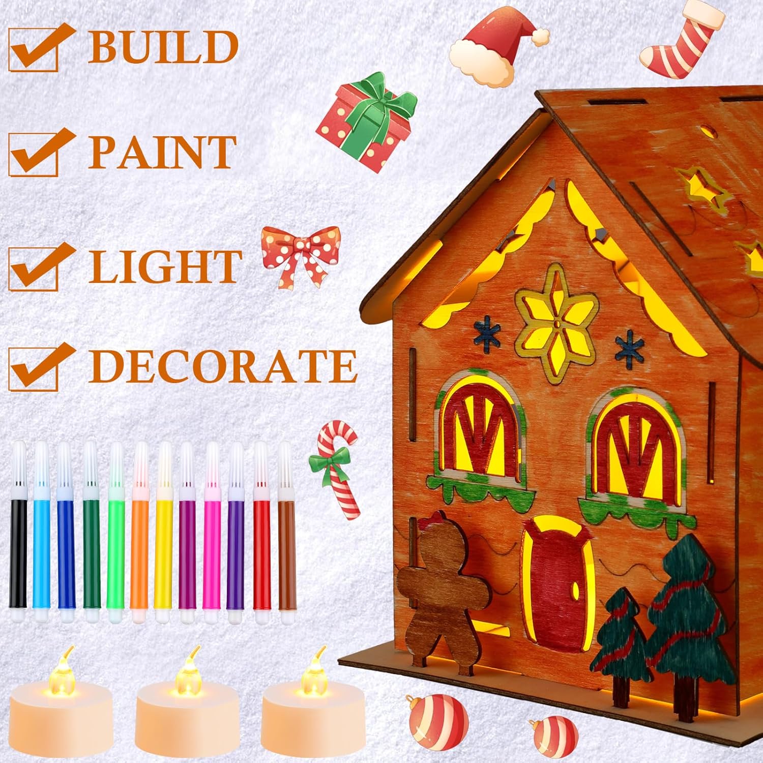 Spiareal Juego de 24 juegos de portavelas de madera de jengibre, casas de Navidad luminosas de madera con bolígrafos de acuarela y velas LED sin