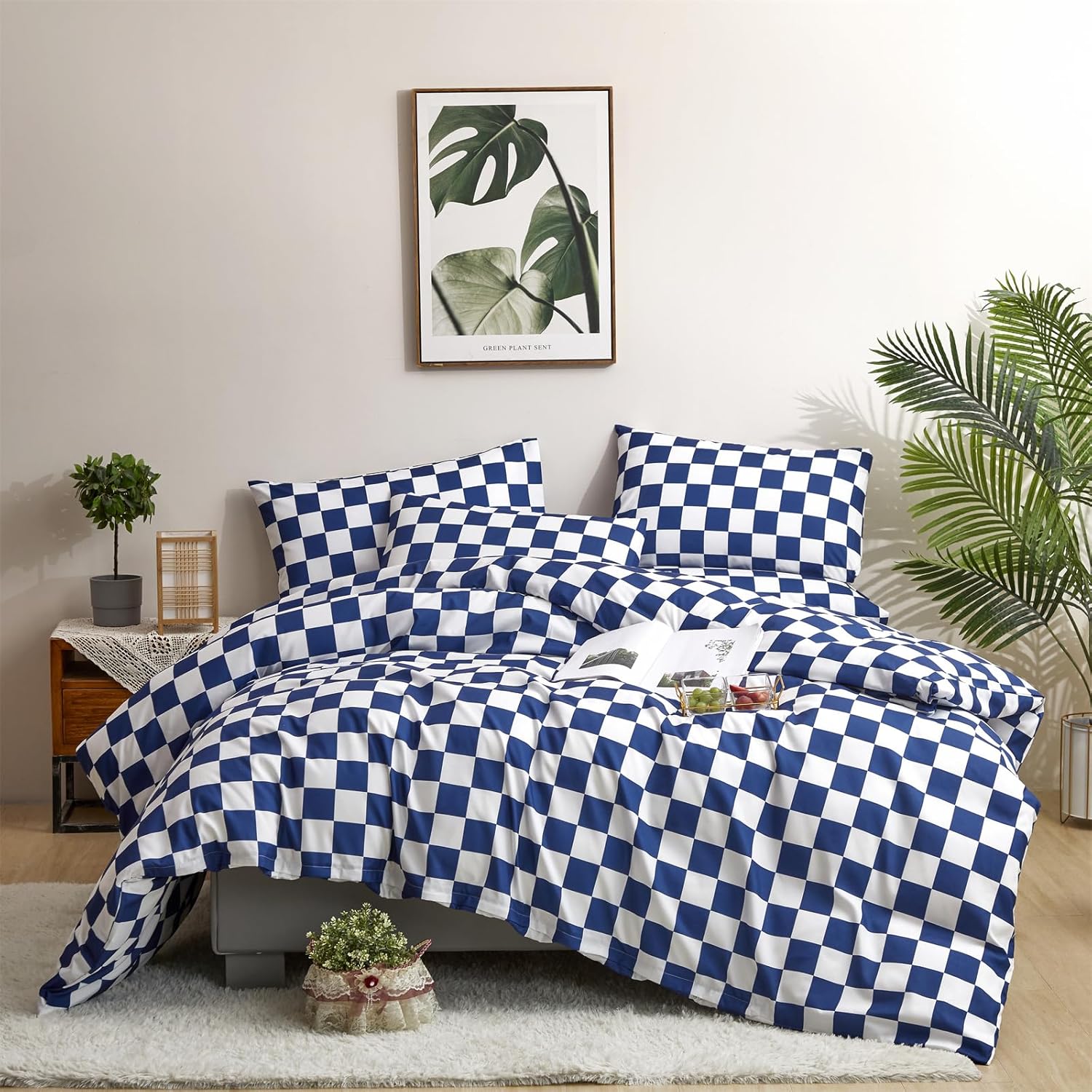 Juego de edredón de cuadrícula azul real y blanco, juego de ropa de cama a cuadros azul real para niñas, juego de edredón transpirable para niños,