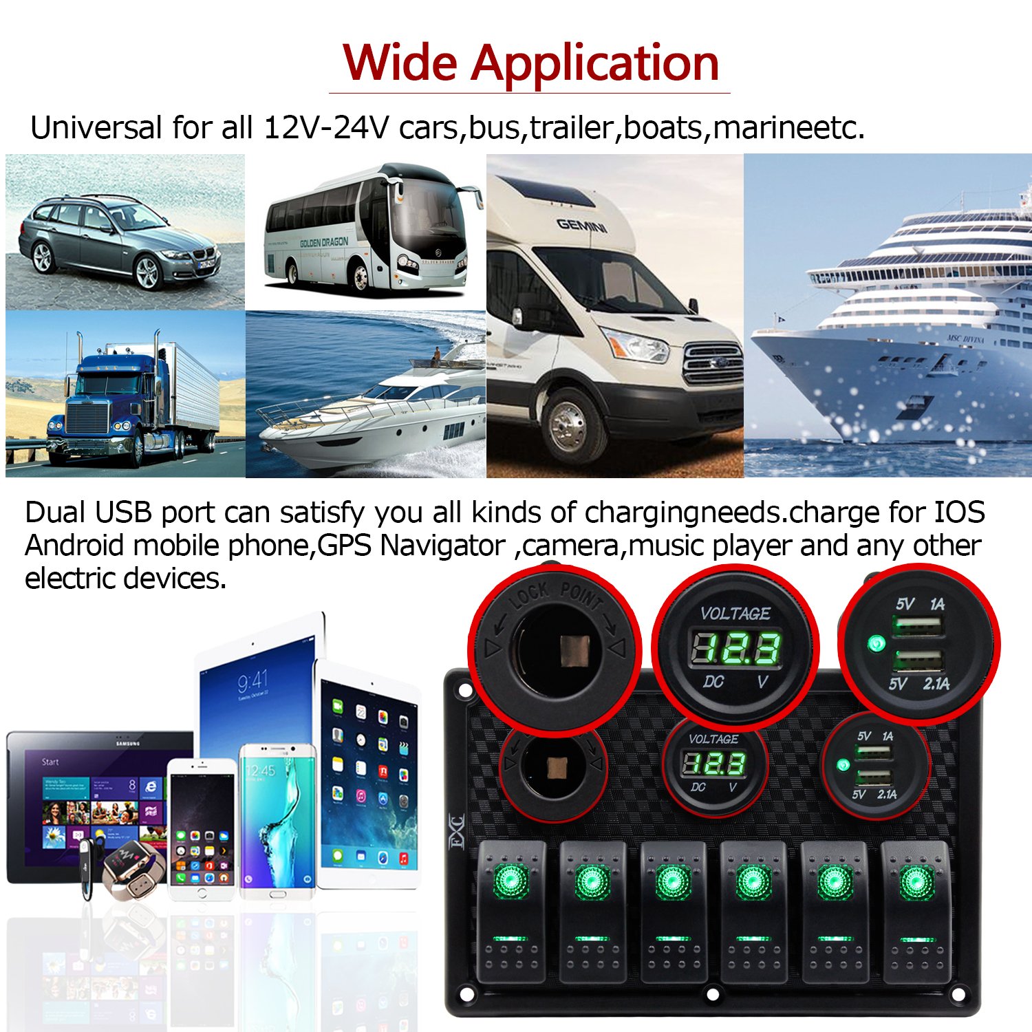 Panel FXC impermeable, con ranura de doble puerto USB, fusibles de 4.2A, visualización digital de voltaje, toma de encendedor y 4, 6 u 8 tipos de