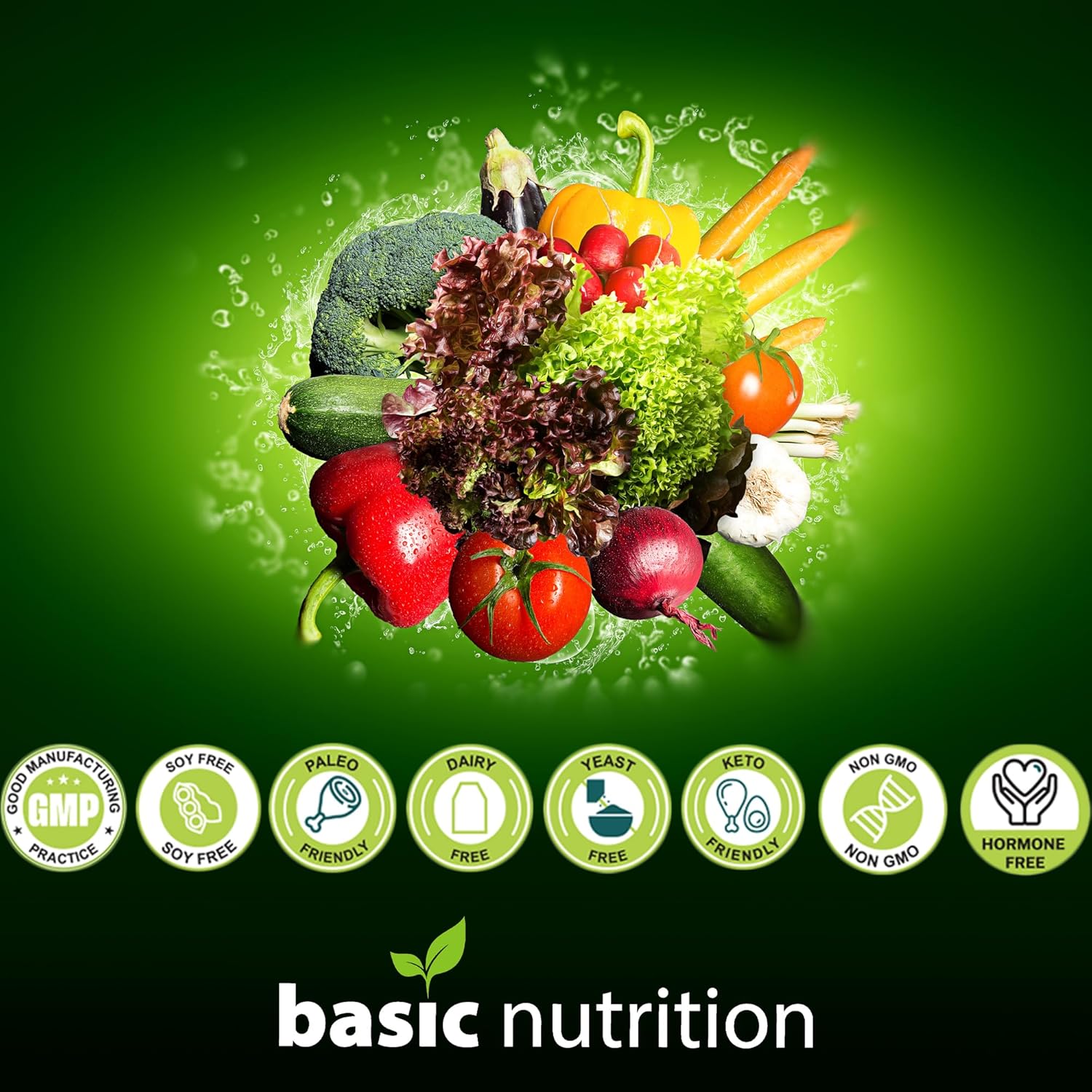 Basic Nutrition SuperGreens – Gomitas mezcladas con vitaminas esenciales, sabor natural a frambuesa, apoya las funciones digestivas, hepáticas e