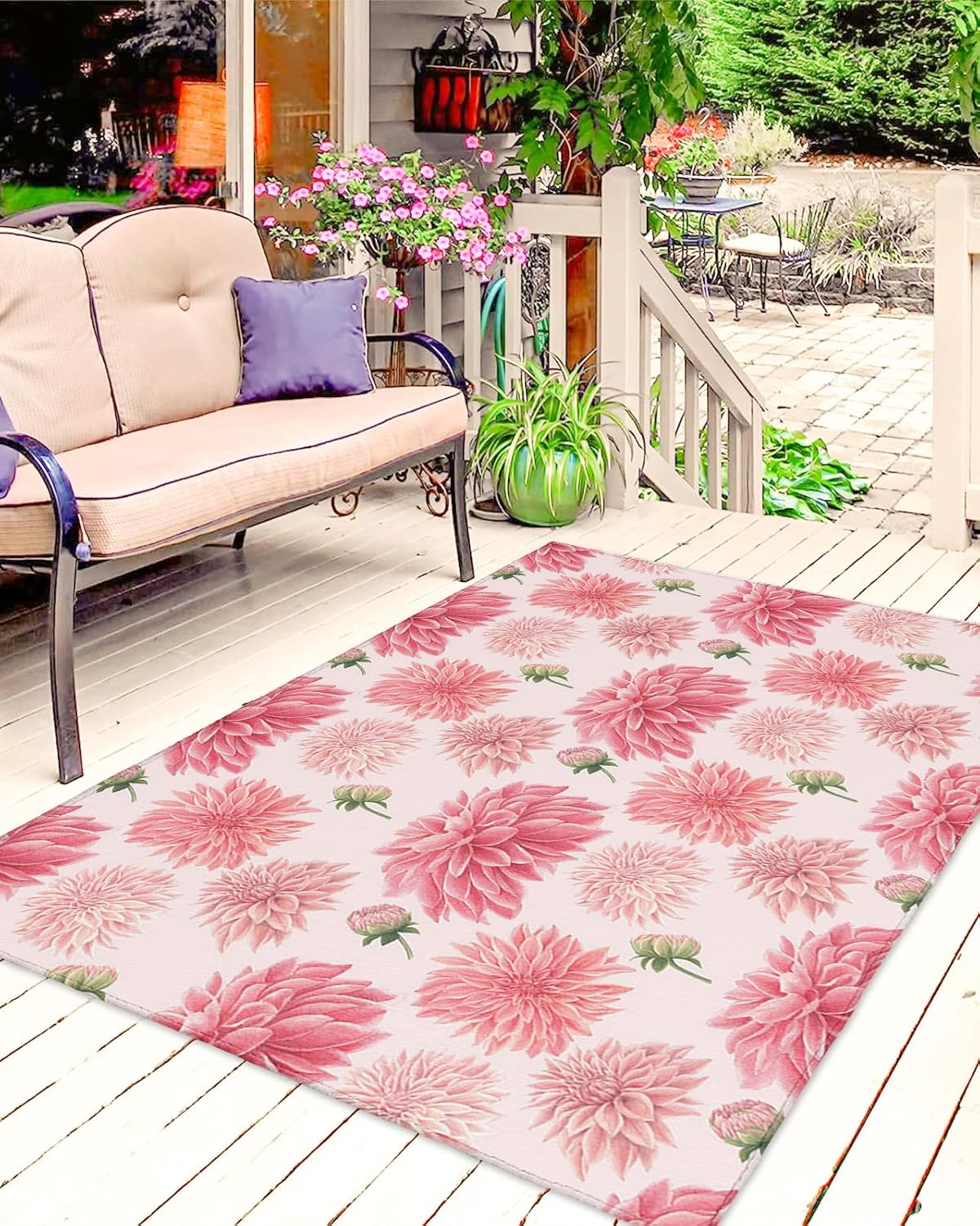 Outdoor Rug Carpet Waterproof 4×6 ft Area Rug, Pink Floral Large Floor Mat for Patio Balcony Living Room Backyard Picnic Beach RV Camping Rug