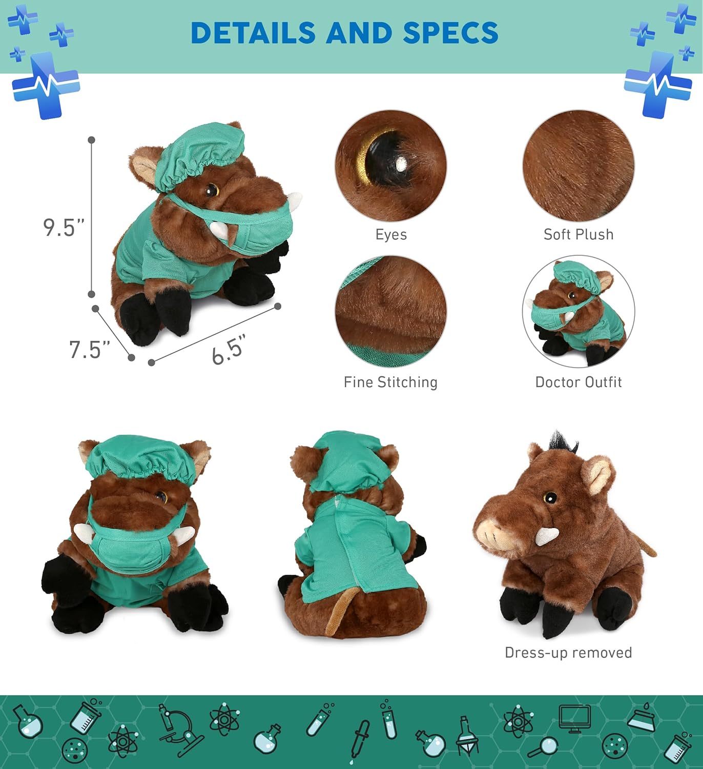 DolliBu Juguete de peluche de médico de jabalí salvaje, súper suave, disfraz de médico de jabalí con bonito uniforme y traje de gorra, regalo con