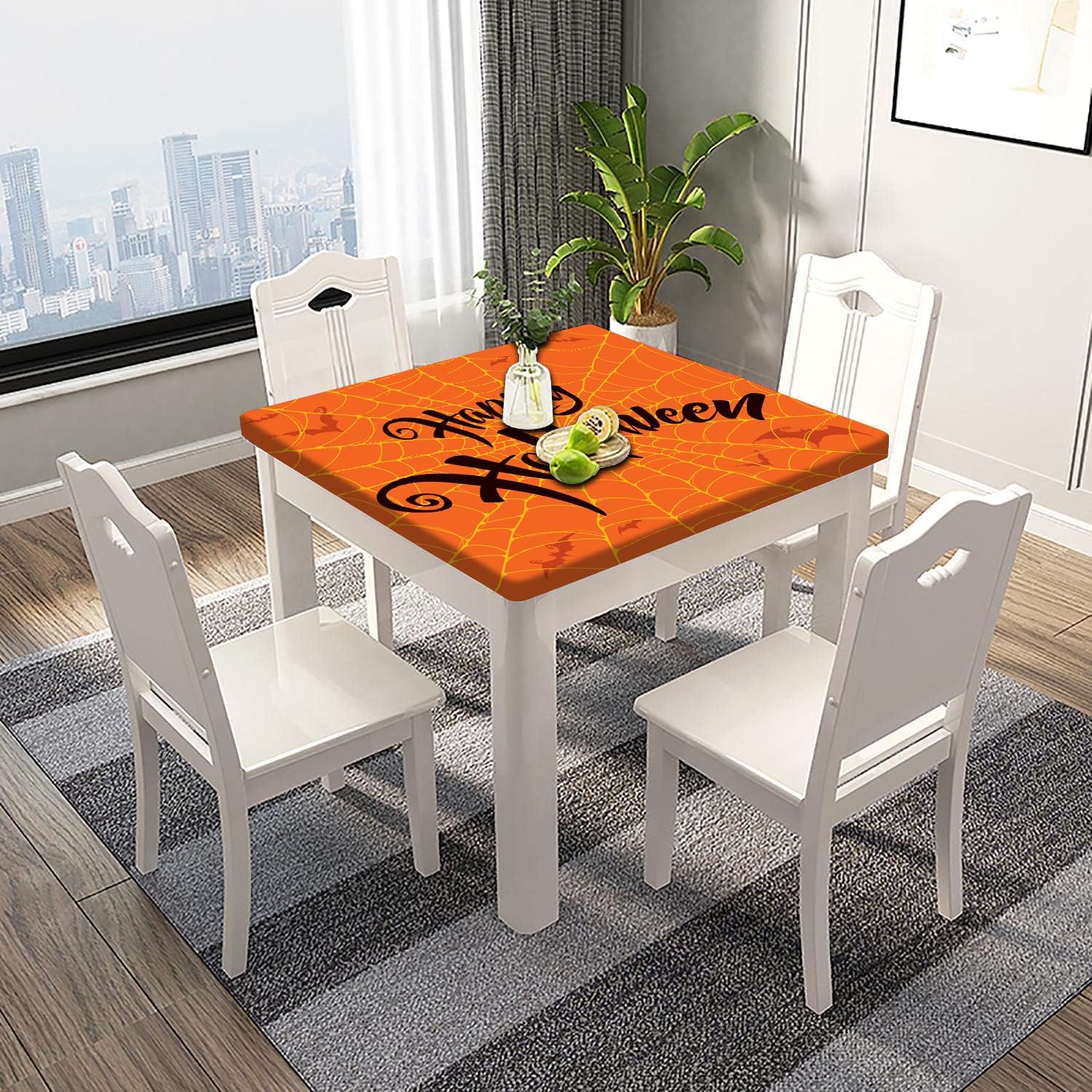 SongYi Mantel cuadrado de poliéster ajustable para Halloween, tela de araña naranja, borde elástico, decoración del hogar, manteles temáticos