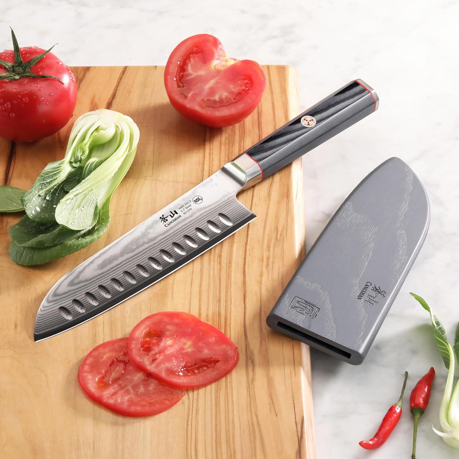 Cangshan YARI Series 501240 X-7 Cuchillo Santoku de acero Damasco de 7 pulgadas con funda