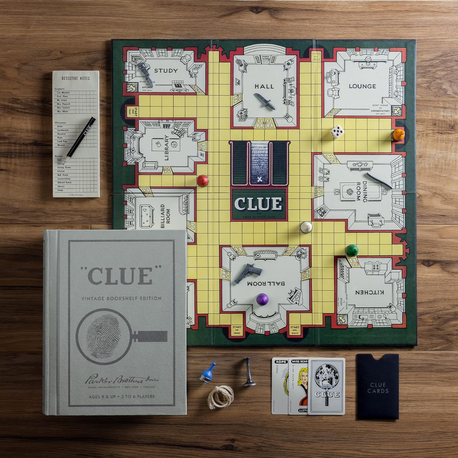 WS Game Company Scrabble, Monopoly, Clue, and Yahtzee Vintage Board Game Bookshelf Collection