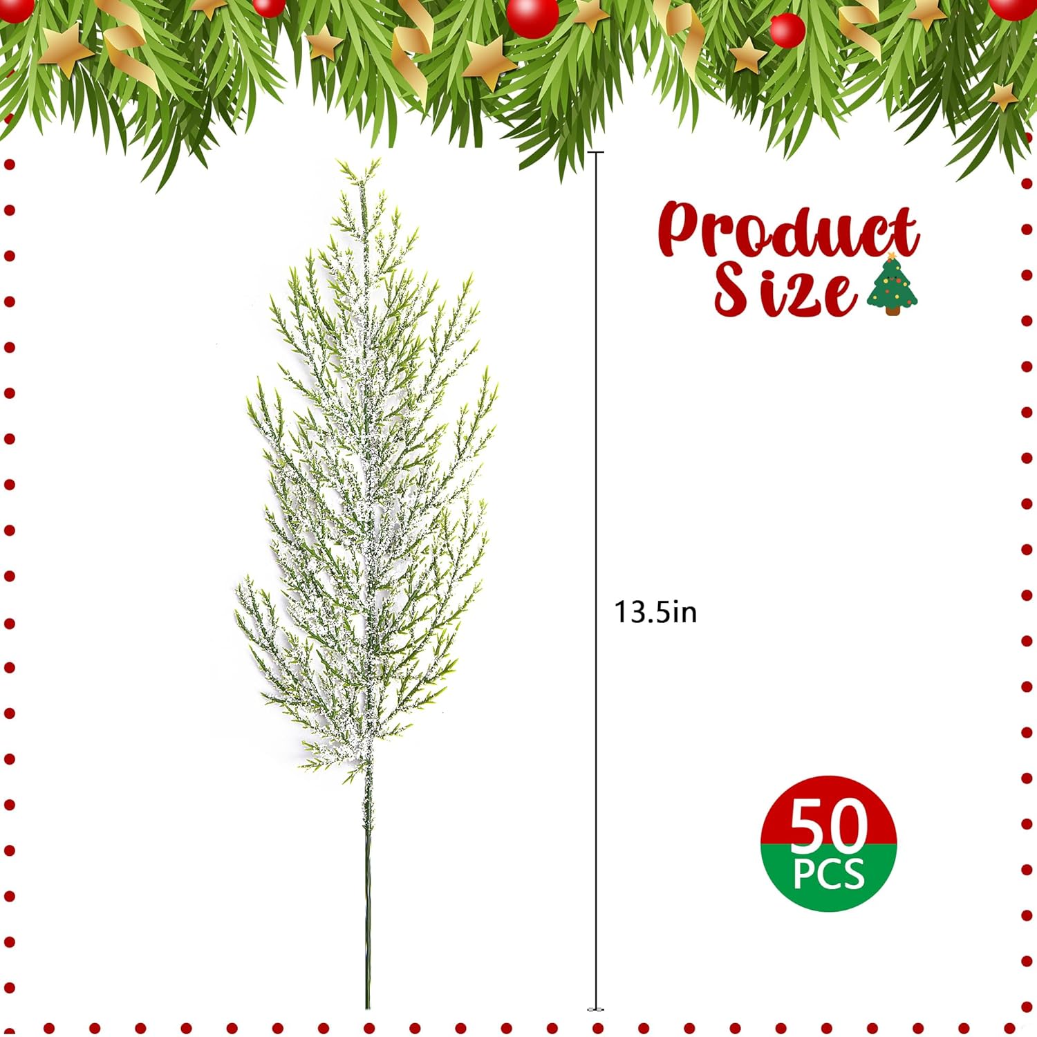 Alpurple 50 ramas de pino esmerilado de nieve de Navidad, ramas de pino artificial nevadas de 13.5 pulgadas, ramitas de cedro verde, tallos de pino