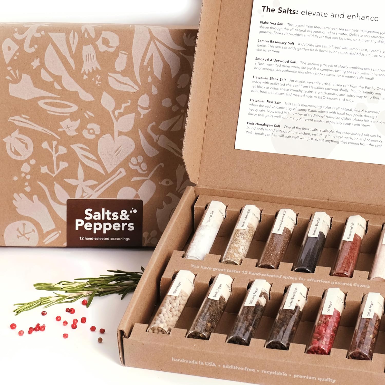 Craftly Caja de regalo de sal y pimienta, juego de especias y condimentos para cocinar, 6 sales y 6 pimientos, Himalaya, hawaiano, limón romero,