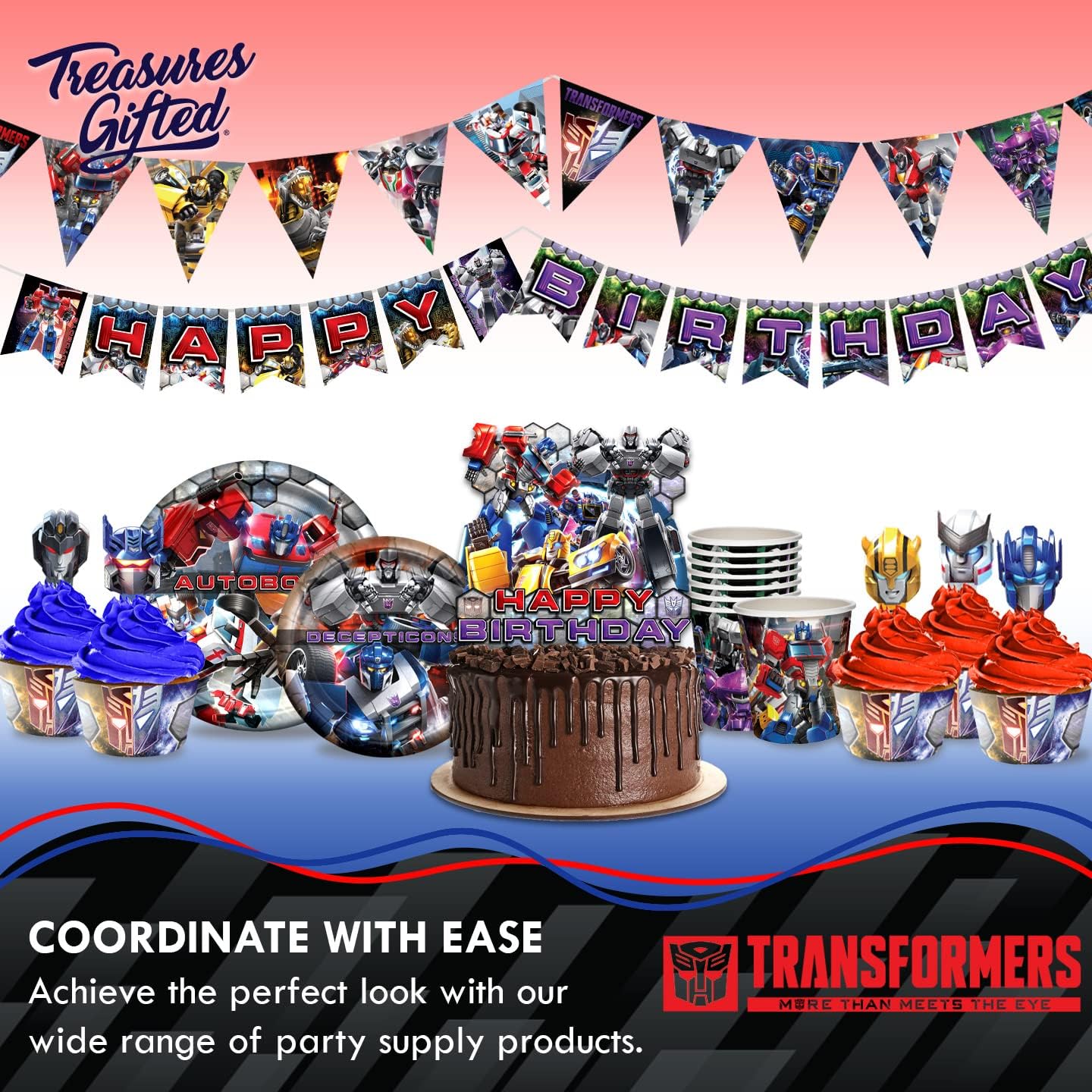 Treasures Gifted Suministros para fiestas de Transformers con licencia oficial, sirve para 16 invitados, juego de vajilla para principiantes,