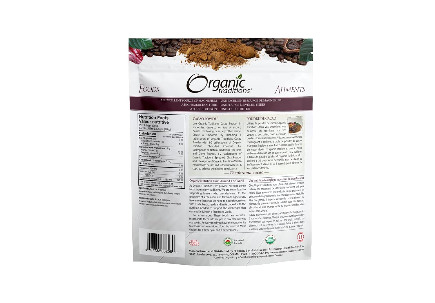 Organic Traditions Polvo orgánico, cacao, 16 onzas