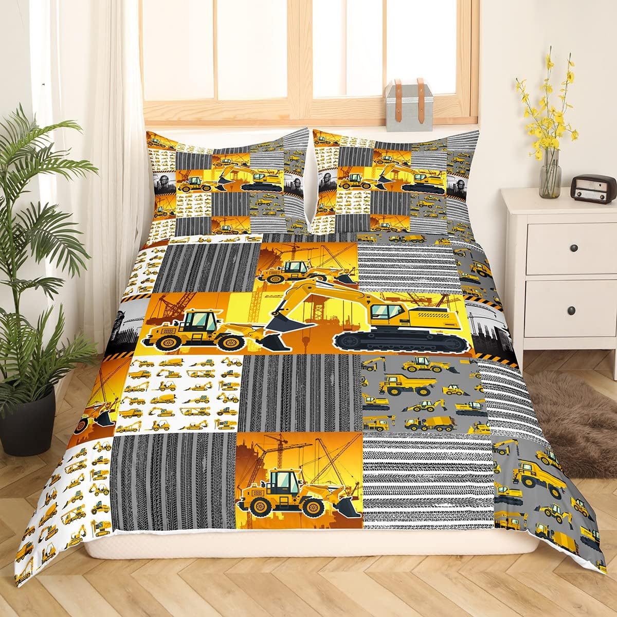 Juego de ropa de cama de construcción, funda de edredón de camión volquete de grúa, excavadora, mezclador de cemento, juegos de cama matrimonial,